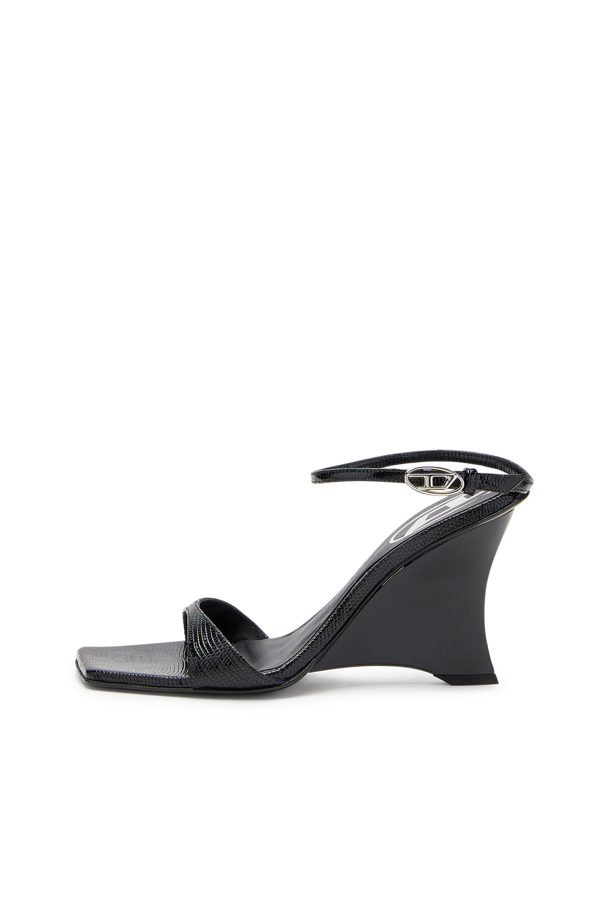 Diesel - D-AMBER SANDAL WEDGE, D-Amber-Sandali a zeppa in pelle effetto lucertola Donna in Nero - 6