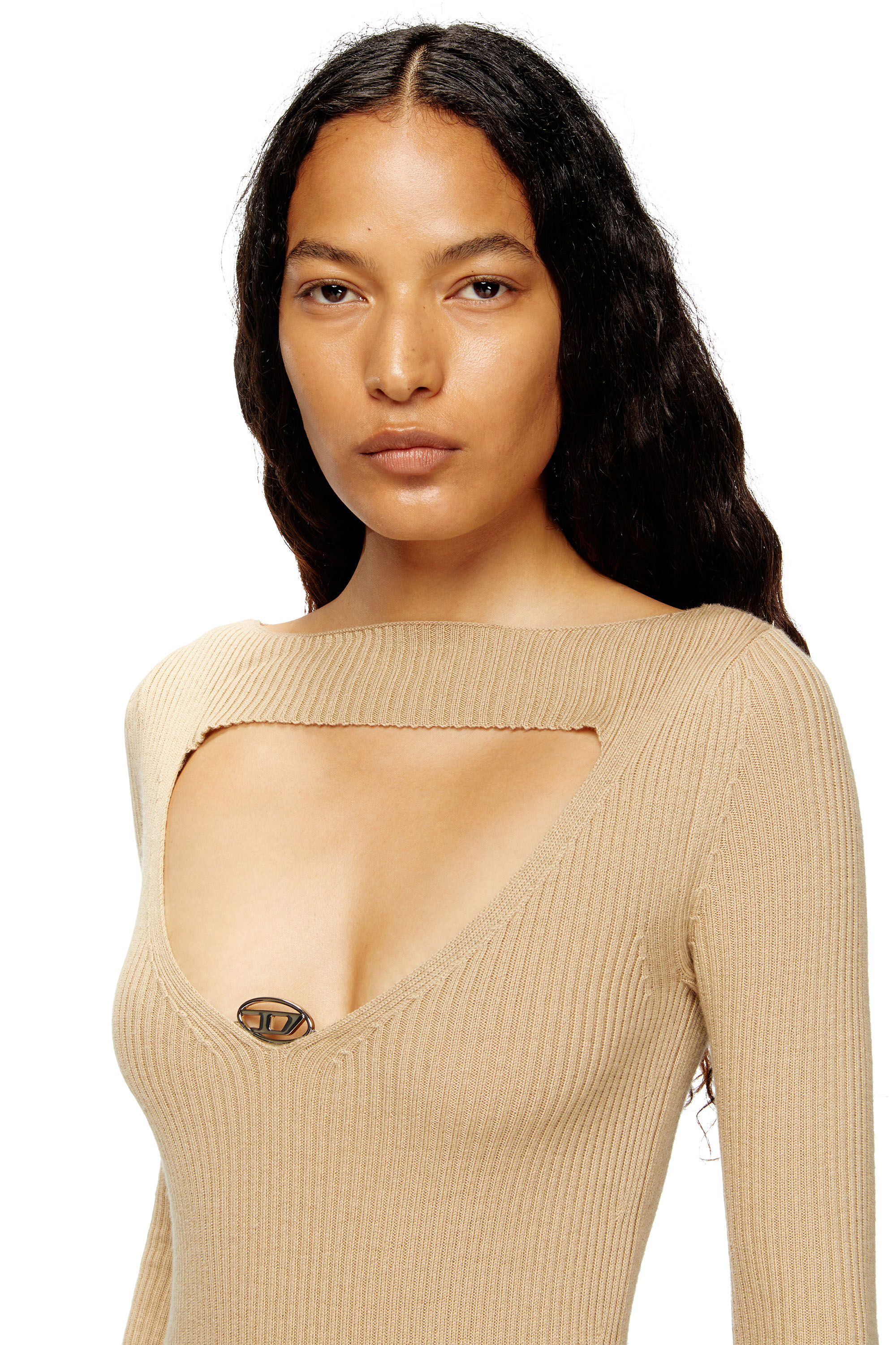 Diesel - M-OLONI, Damen Midikleid aus Wolle mit Intarsienmuster in Hellbraun - 5