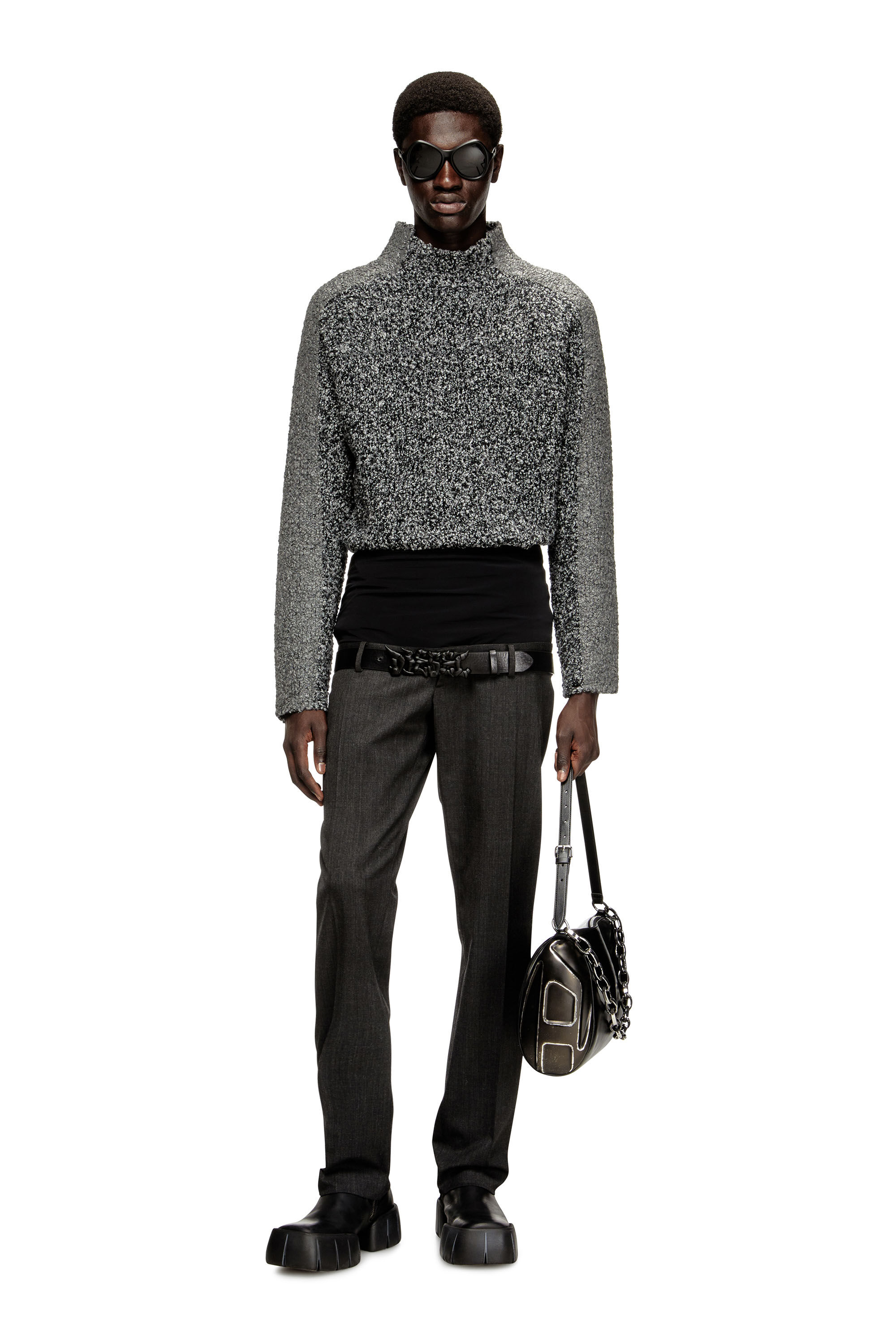 Diesel - K-ERLAND, Herren Bouclé-Strickpullover mit Ärmelbändern in Schwarz - 1