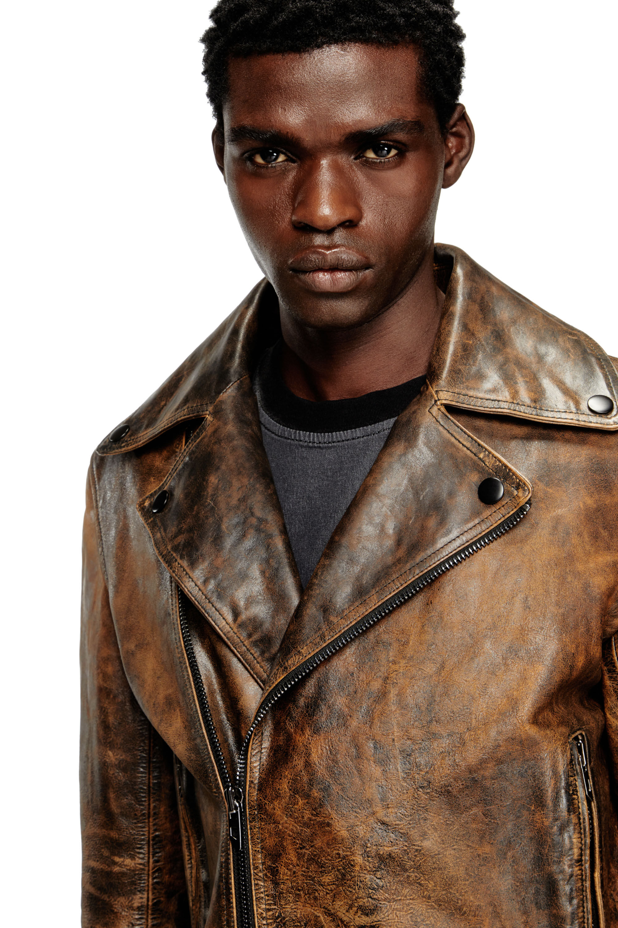 Men's Biker jacket in treated leather | Brown | Diesel