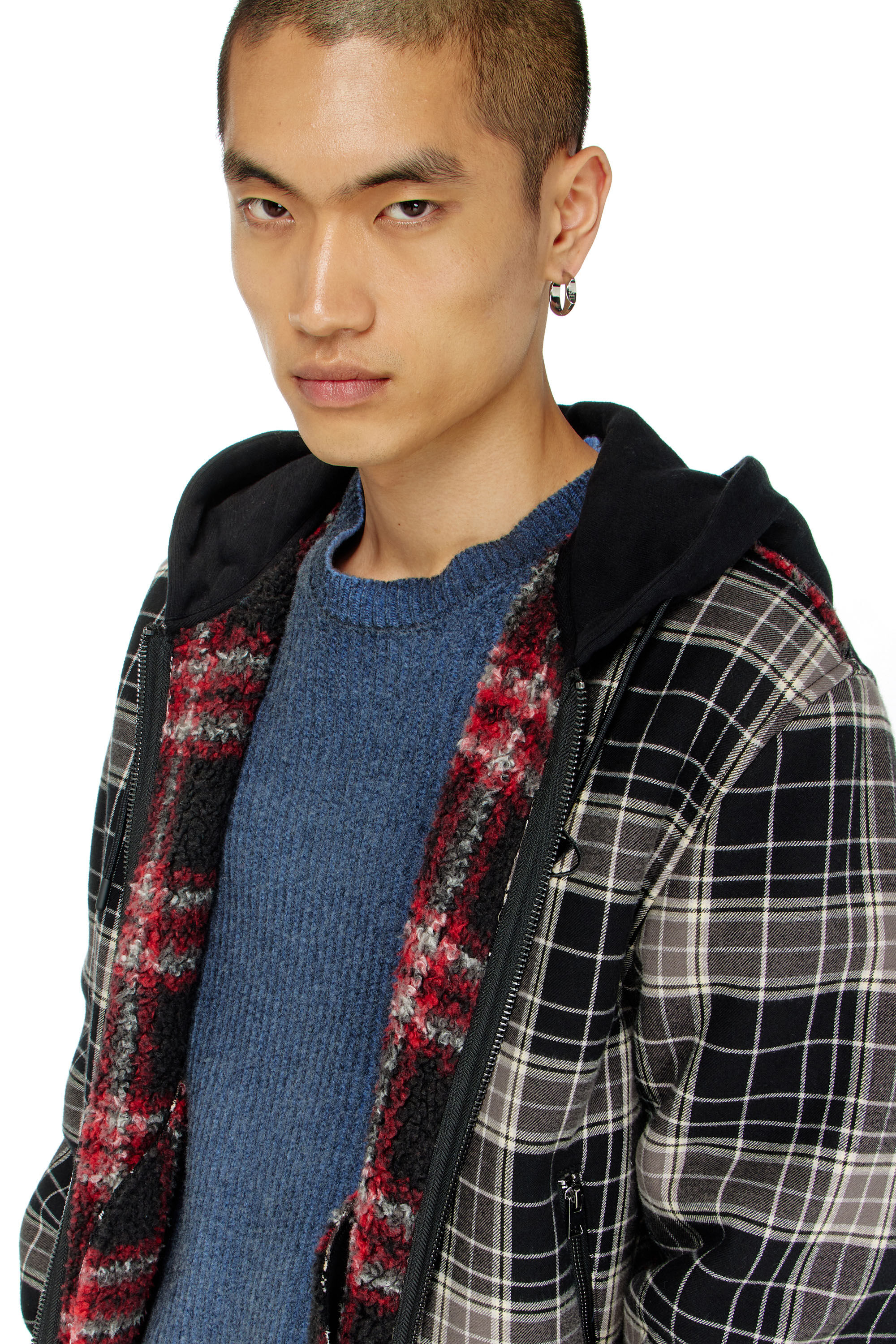 Diesel - W-KUNST, Herren Karo - Karo-bomberjacke mit flanellmuster und teddyfutter in Grau/Schwarz - 5