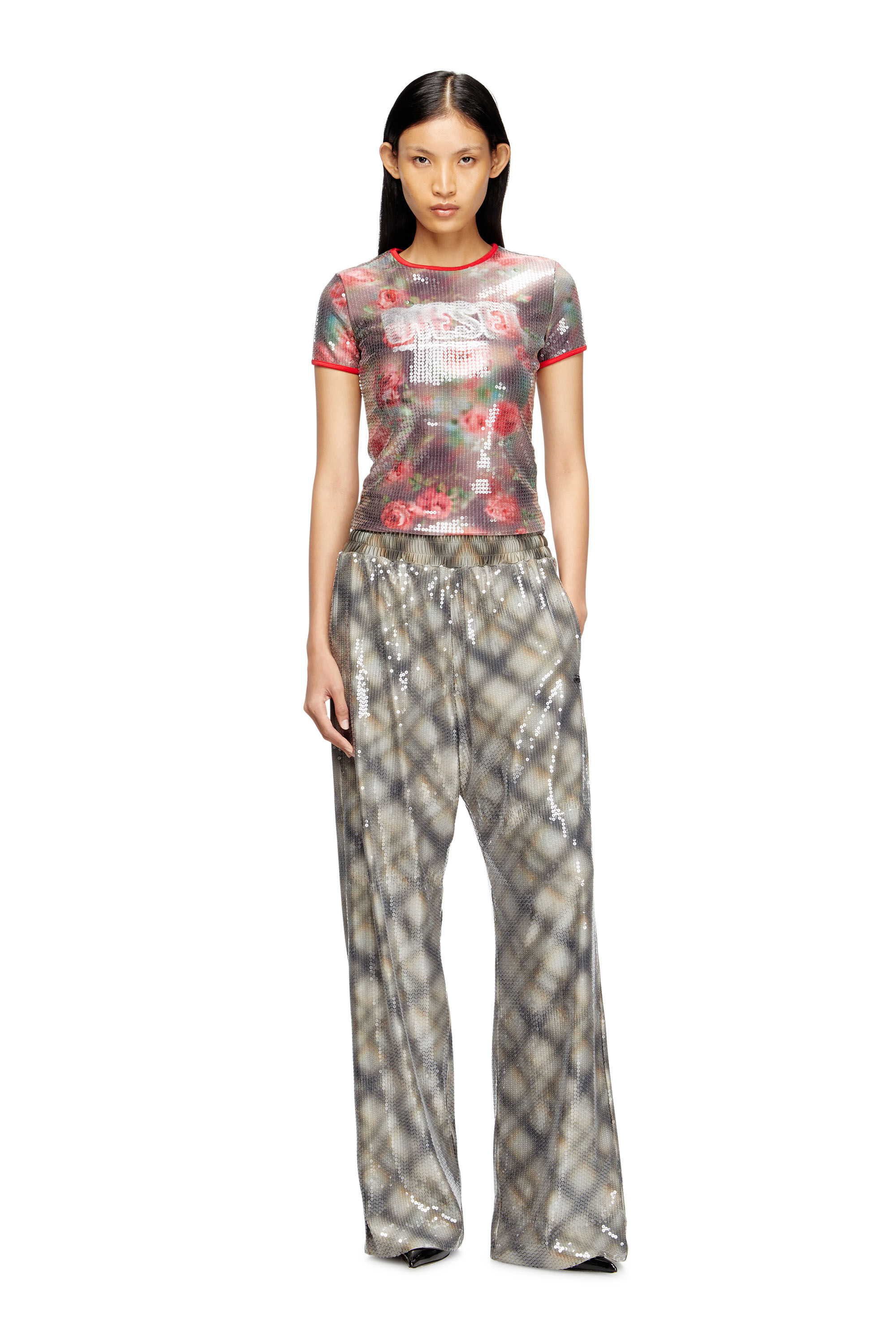 Diesel - T-UNKYEL, Haut ajusté en jersey à imprimé floral avec sequins Femme in Polychrome - 1