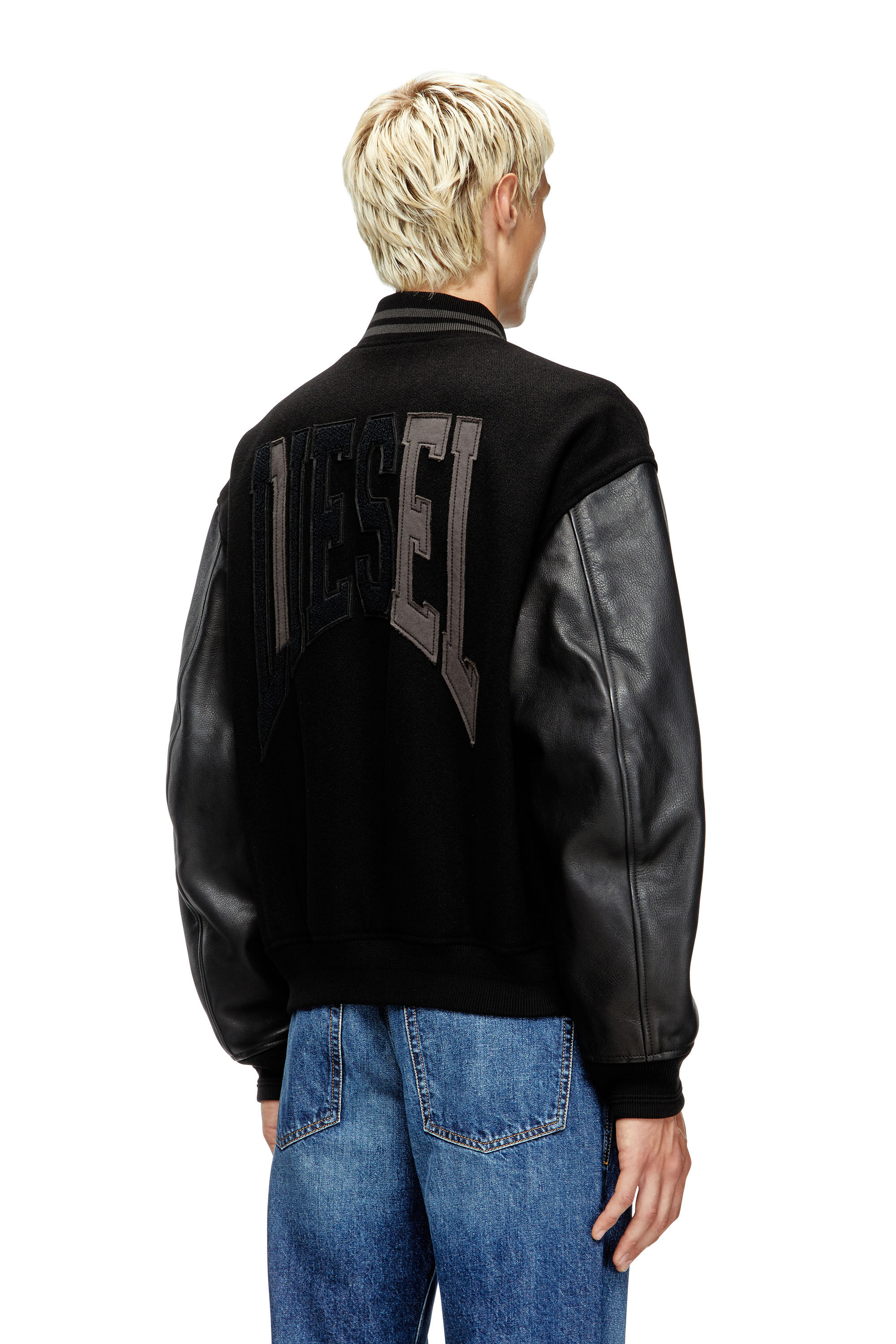Diesel - L-NYMAN, Bomber varsity in cotone e pelle Uomo in Nero - 4