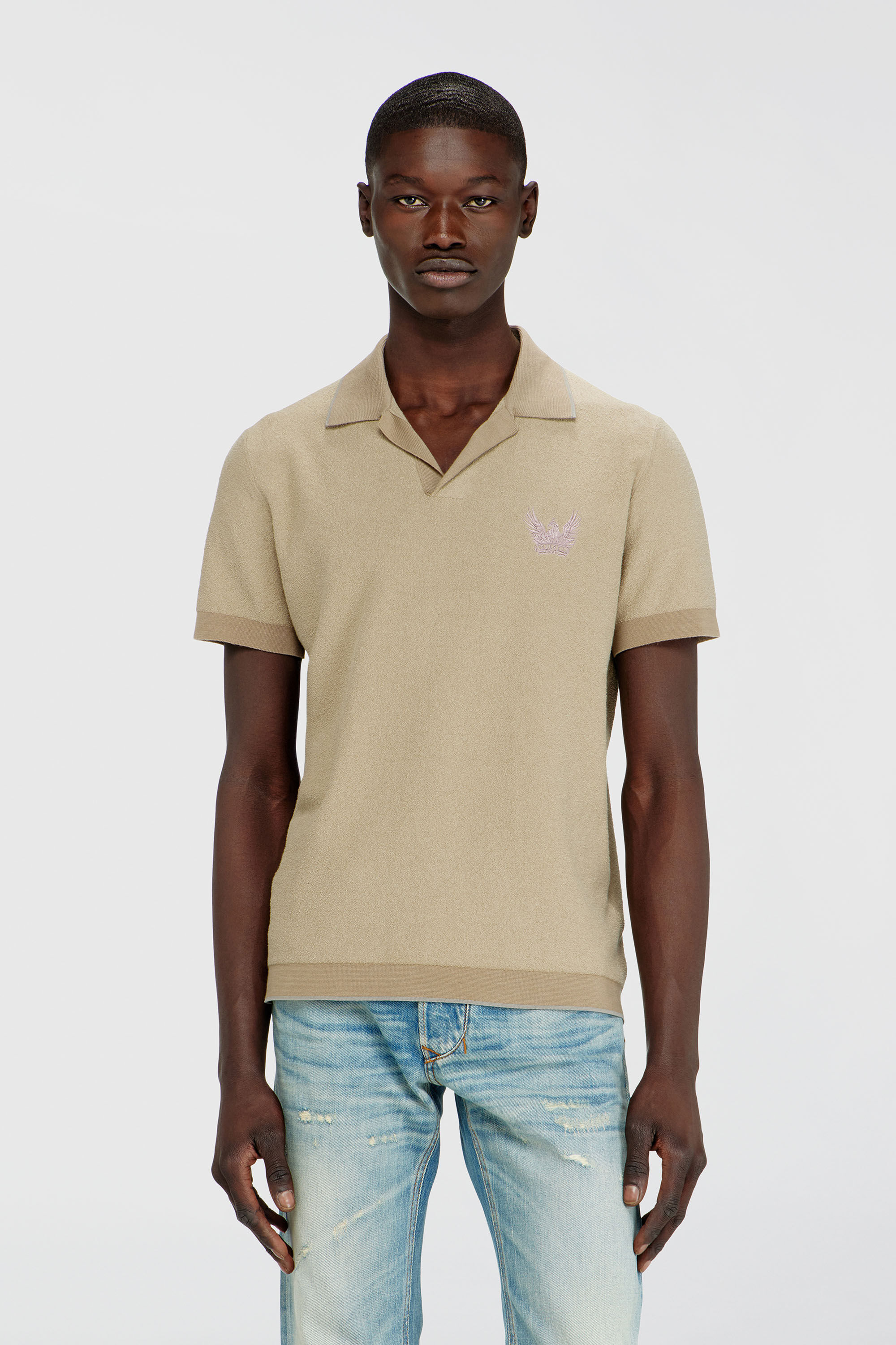 Diesel - K-RAILES, Polo en maille boucl&eacute; avec logo Phoenix Homme in Beige - 3