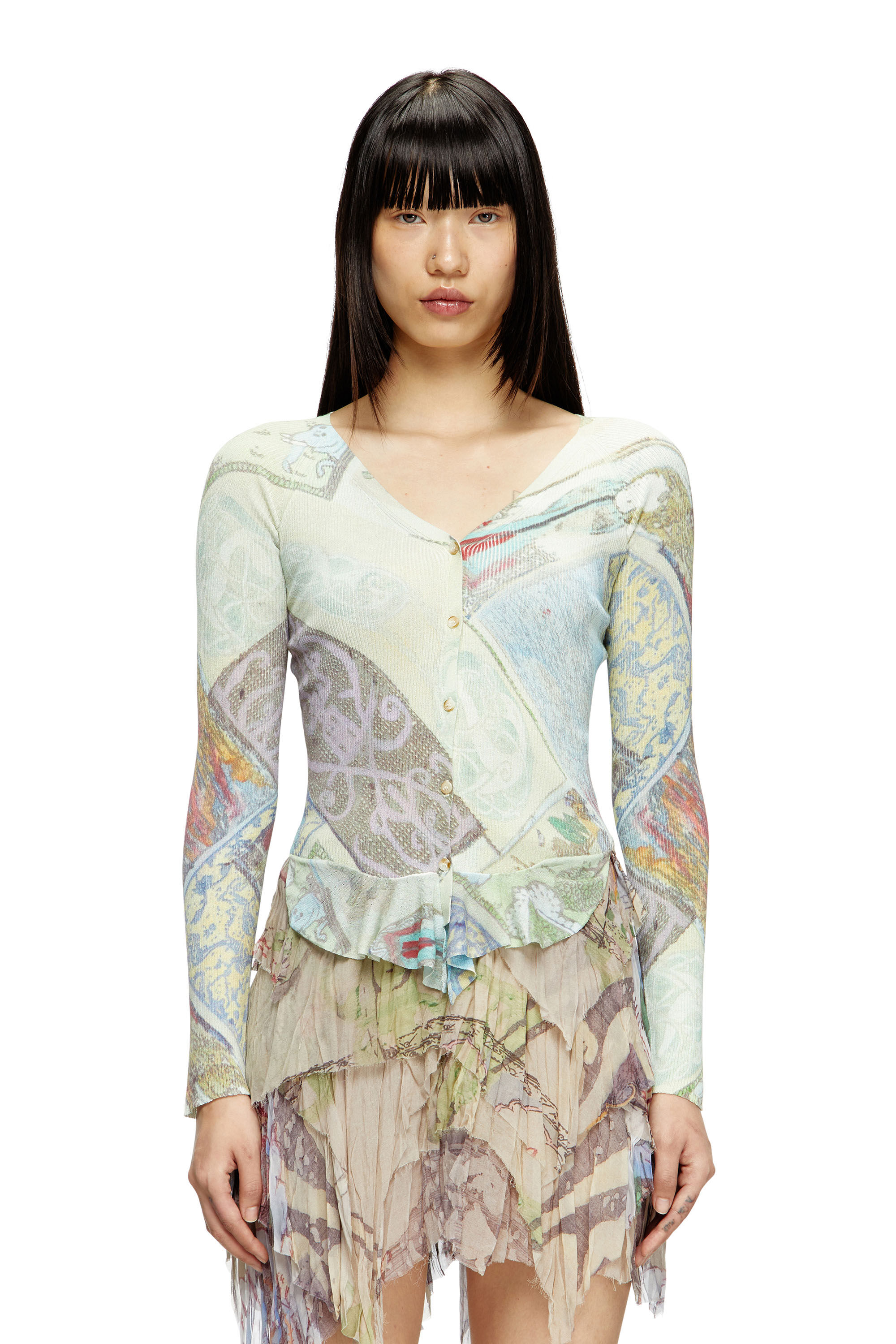 Diesel - M-FIORINA, Cardigan lunghezza cropped con stampa medievale Donna in Multicolor - 2