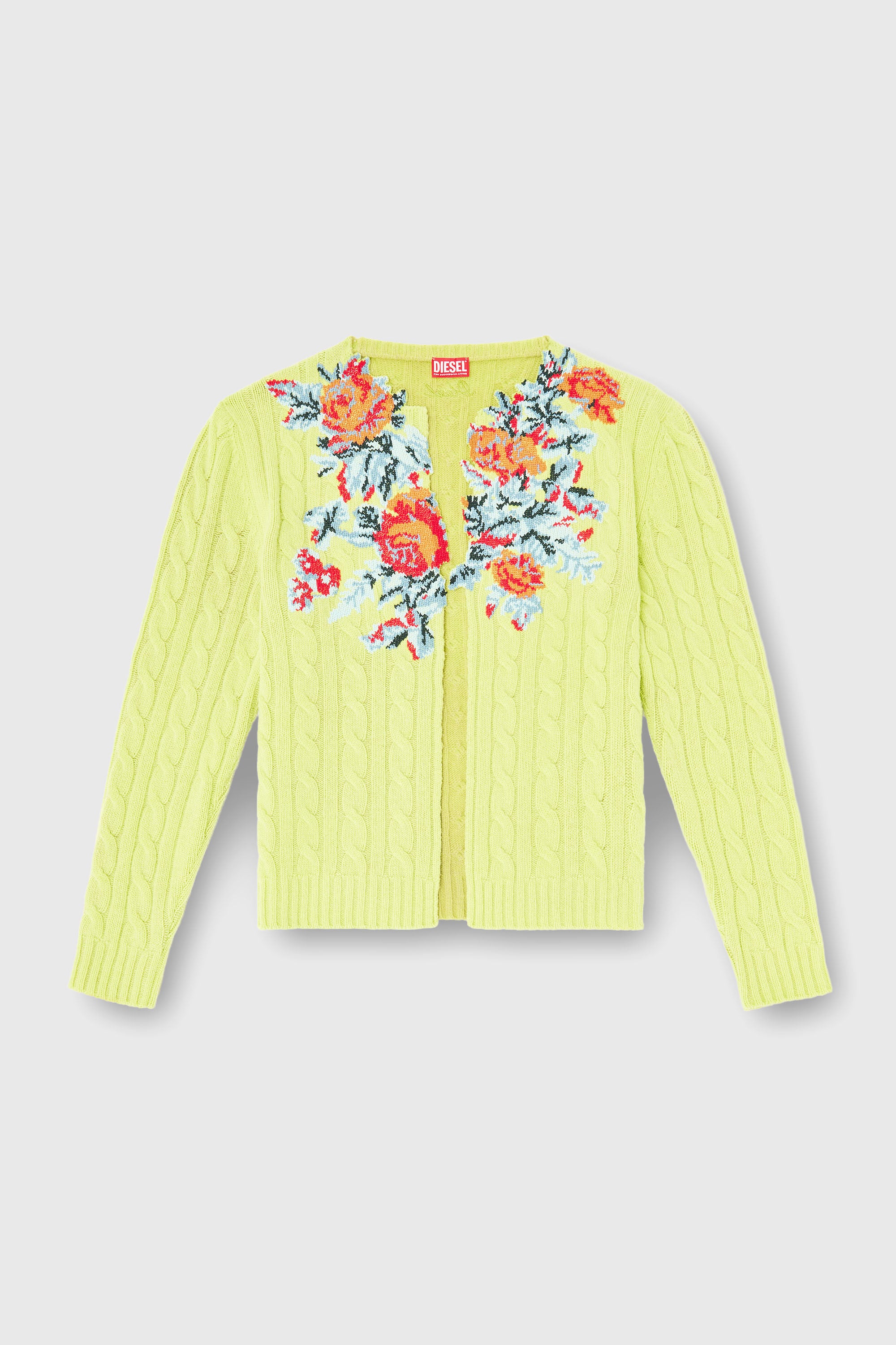 Diesel - K-RINO, Herren Offener Cardigan aus floraler Zopfmusterstrick in Neongelb - 2