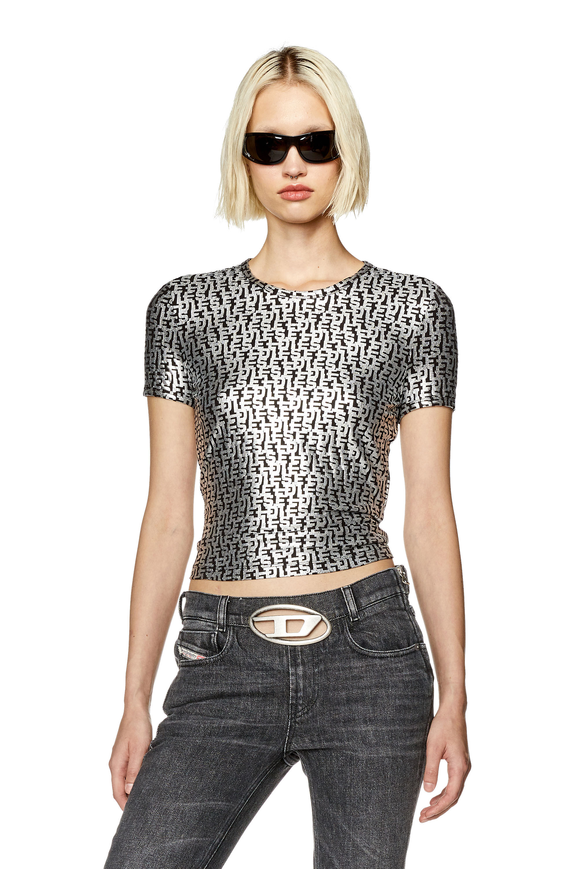 Diesel - T-UNCUTIE-LONG-L5, Woman's T-shirt with foil monogram print in Black/Grey - 3