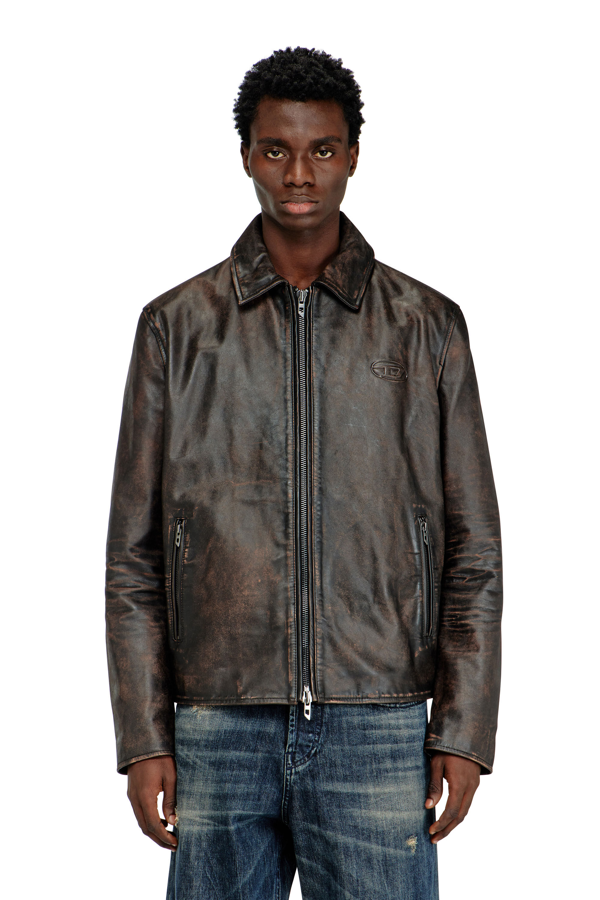 Diesel - L-AMAR-WRD, Veste coach en cuir trait&eacute; Homme in Marron - 3