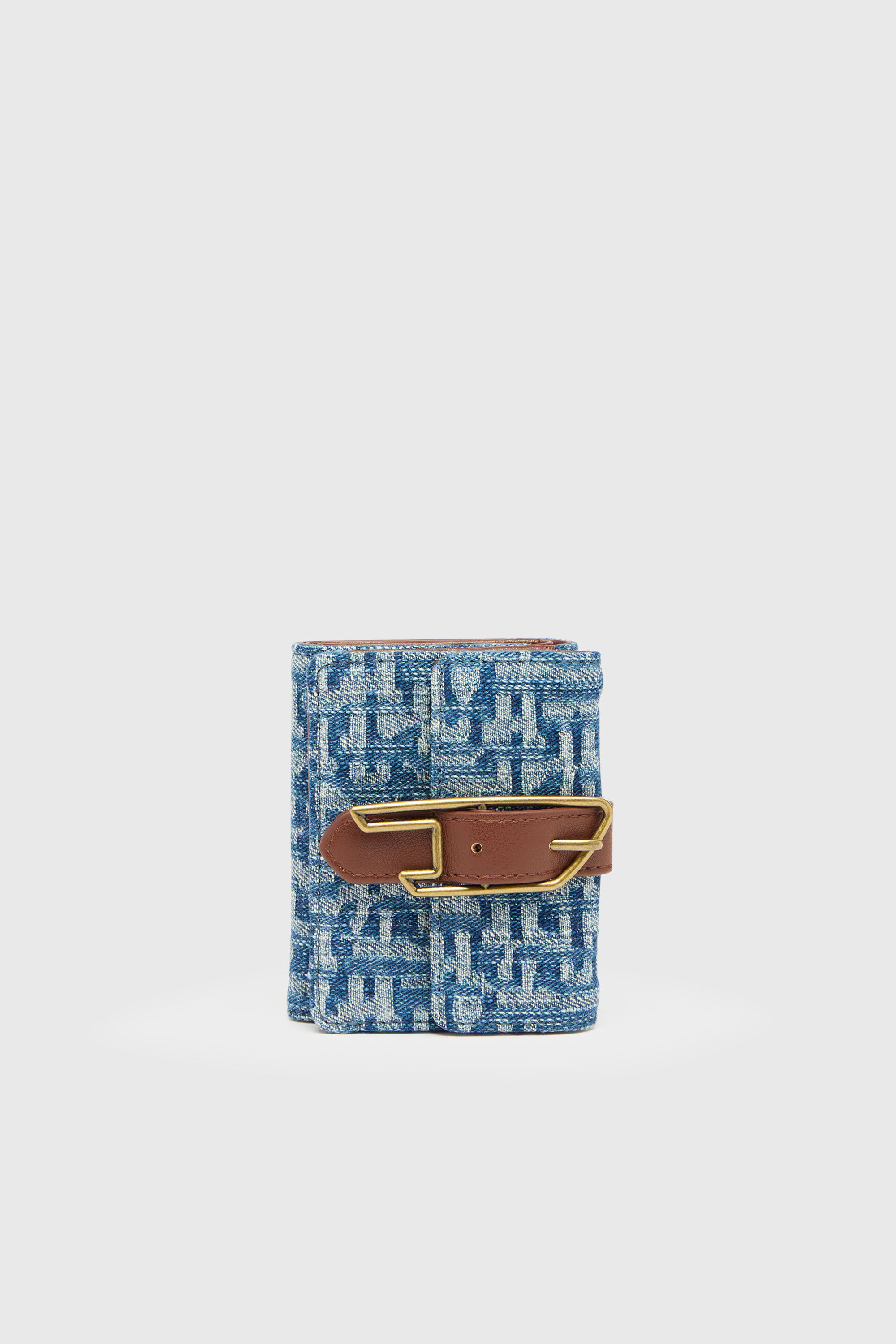 Diesel - D-LINE TRI FOLD COIN XS II, Portefeuille trois volets en denim monogram avec d&eacute;tail ceinture Femme in Bleu - 1