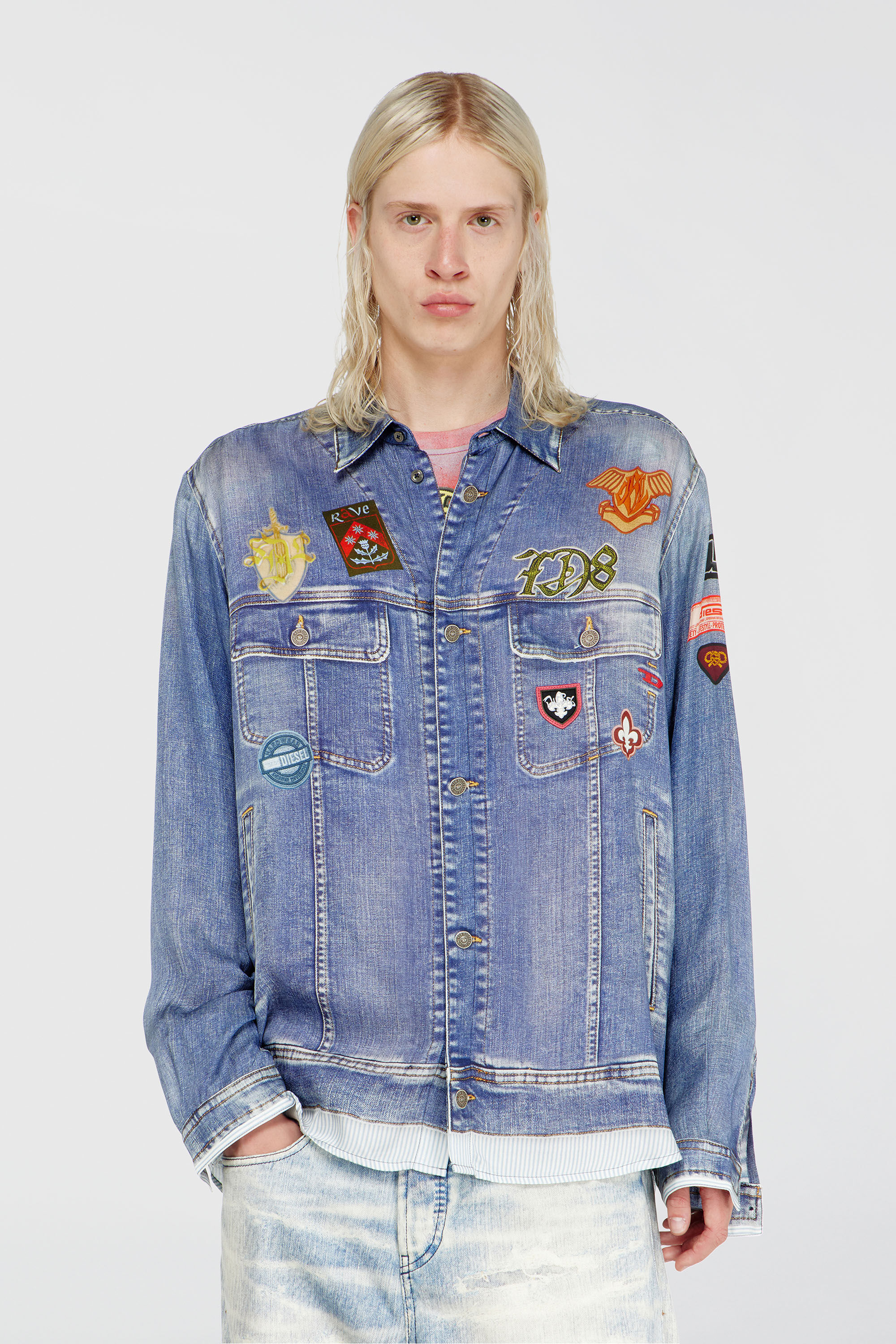Diesel - S-SIMPLY-PATCH, Herren Satinhemd mit trompe-l'oeil denim-print in Mittelblau - 3