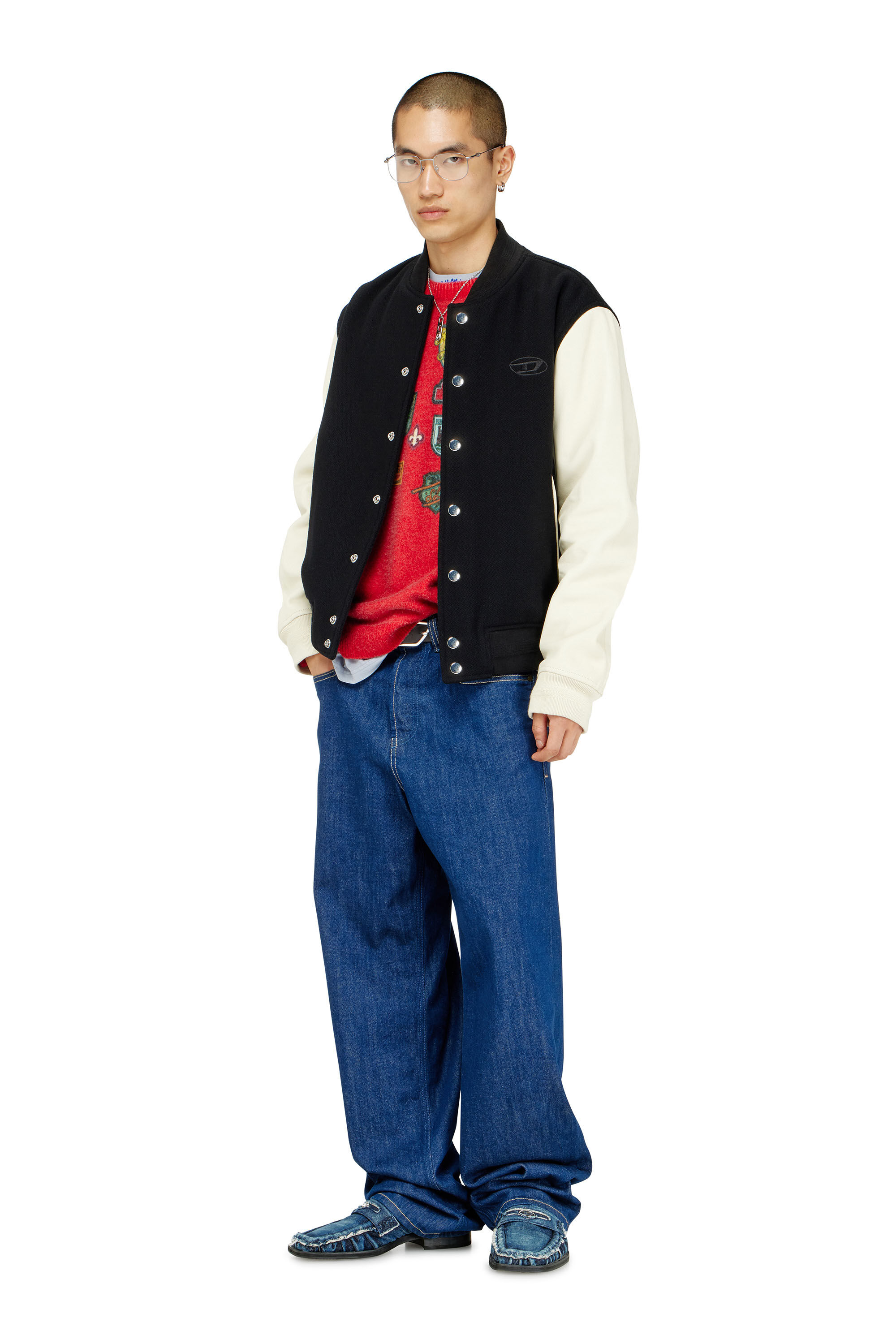 Diesel - L-ARRY-WRD, Herren Bomberjacke aus Wollmischung und Leder in Schwarz/Weiss - 1