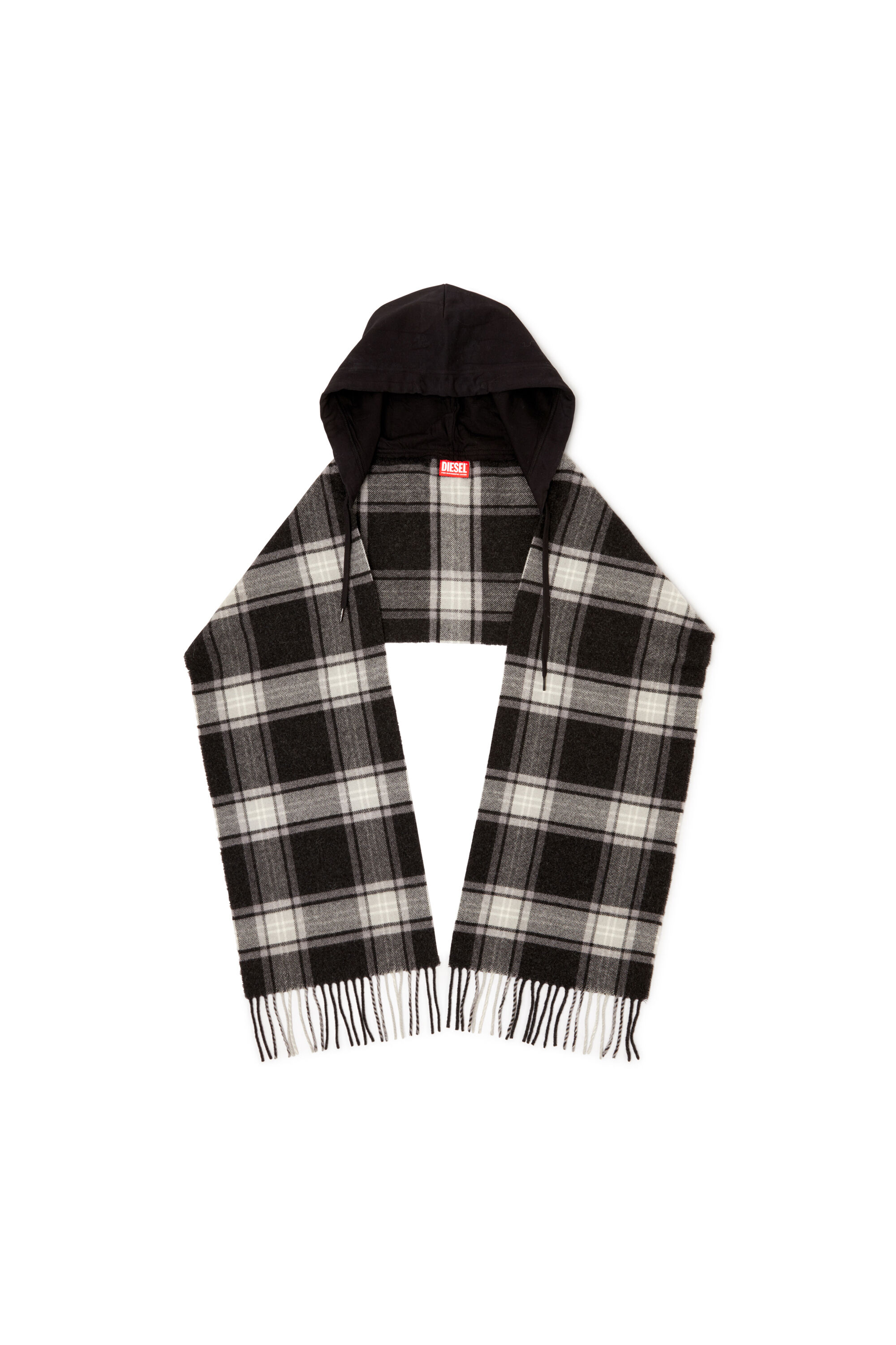 Diesel - S-CARHOOD, Herren Kapuzen-Schal aus Wollmischung mit Fransen in Schwarz/Weiss - 1