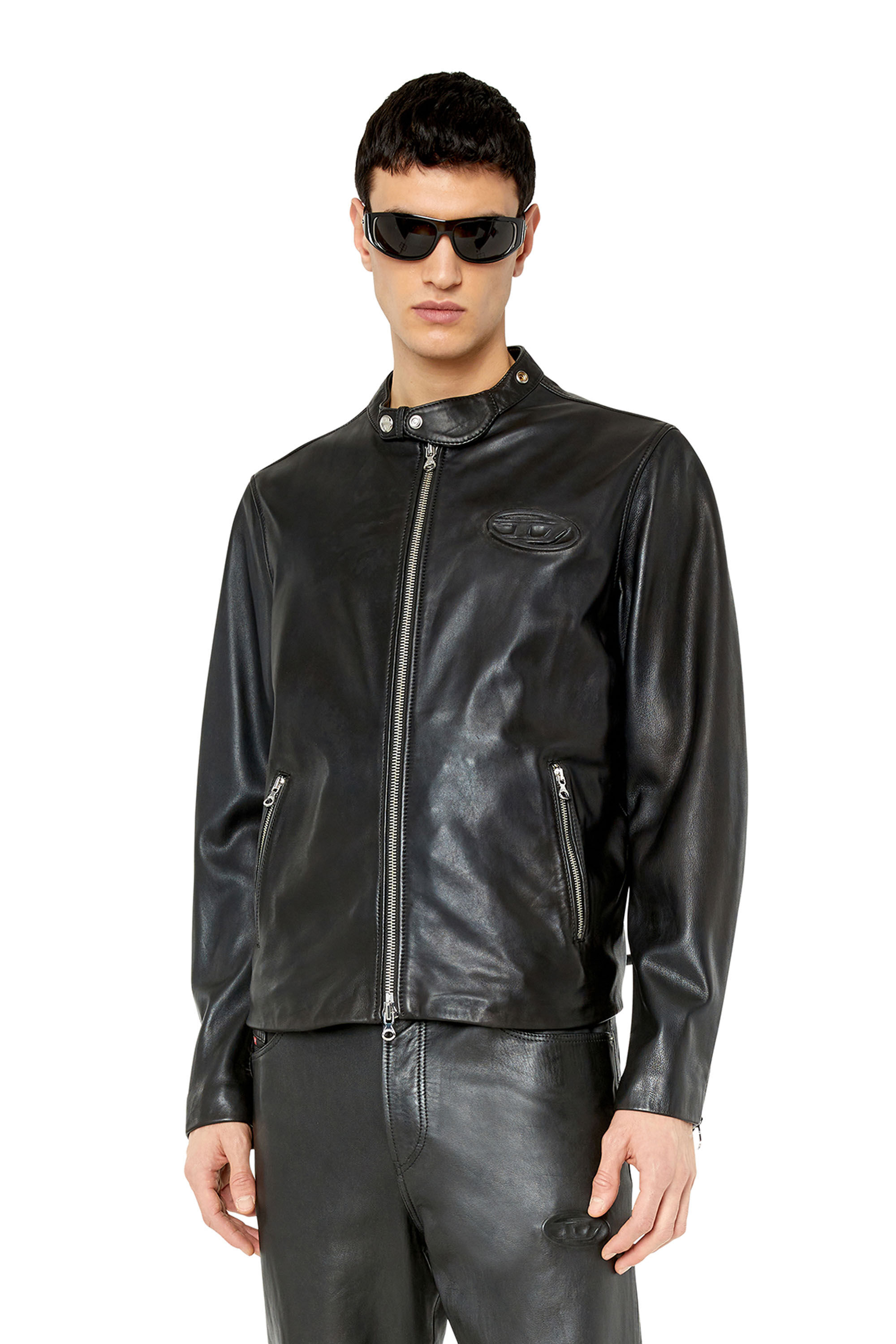 L METAL Homme Veste biker en cuir avec plaque logo Diesel
