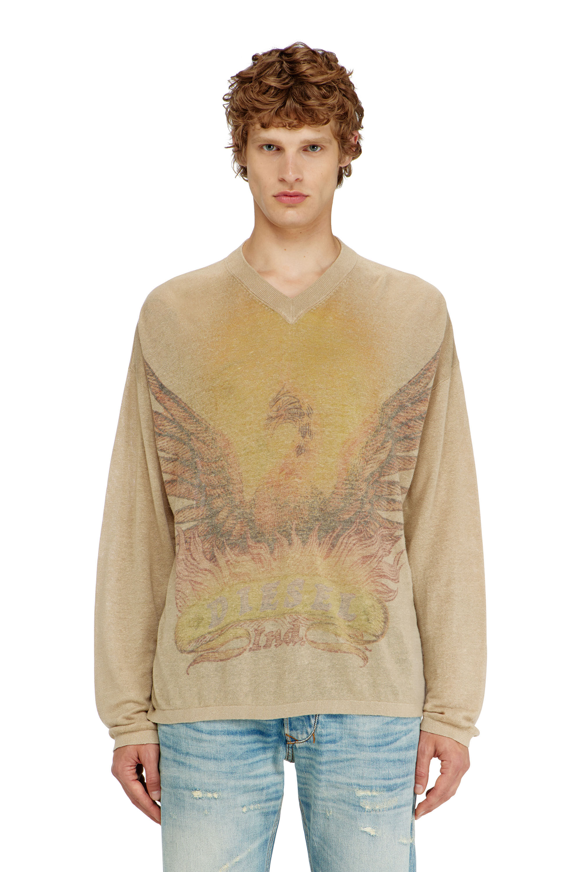 Diesel - K-ARMINS, Herren Leinenpullover mit verblasstem Phoenix-Print in Beige - 3
