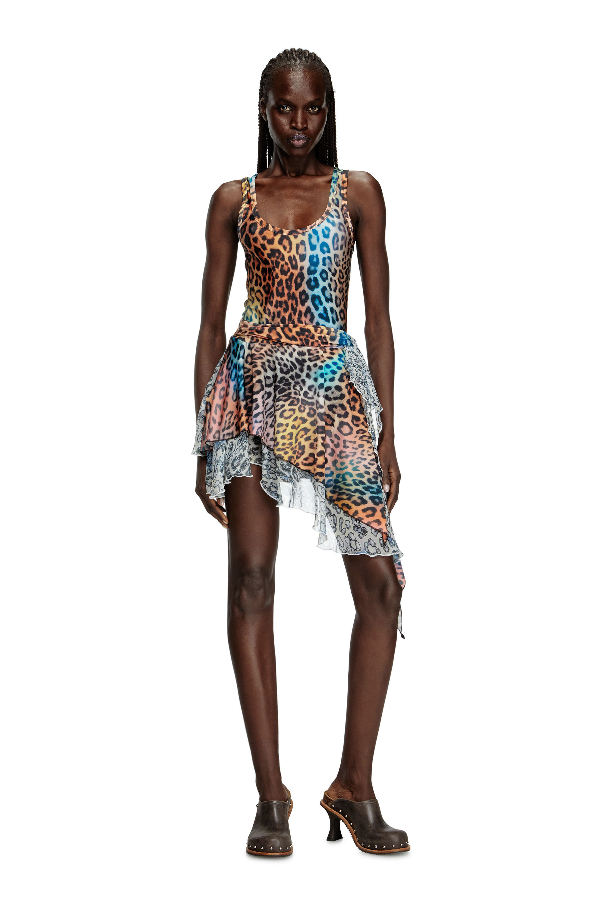 Diesel - D-OPERA-Q1, Damen Kurzes, asymmetrisches Kleid mit Leoparden-Print in Braun - 1