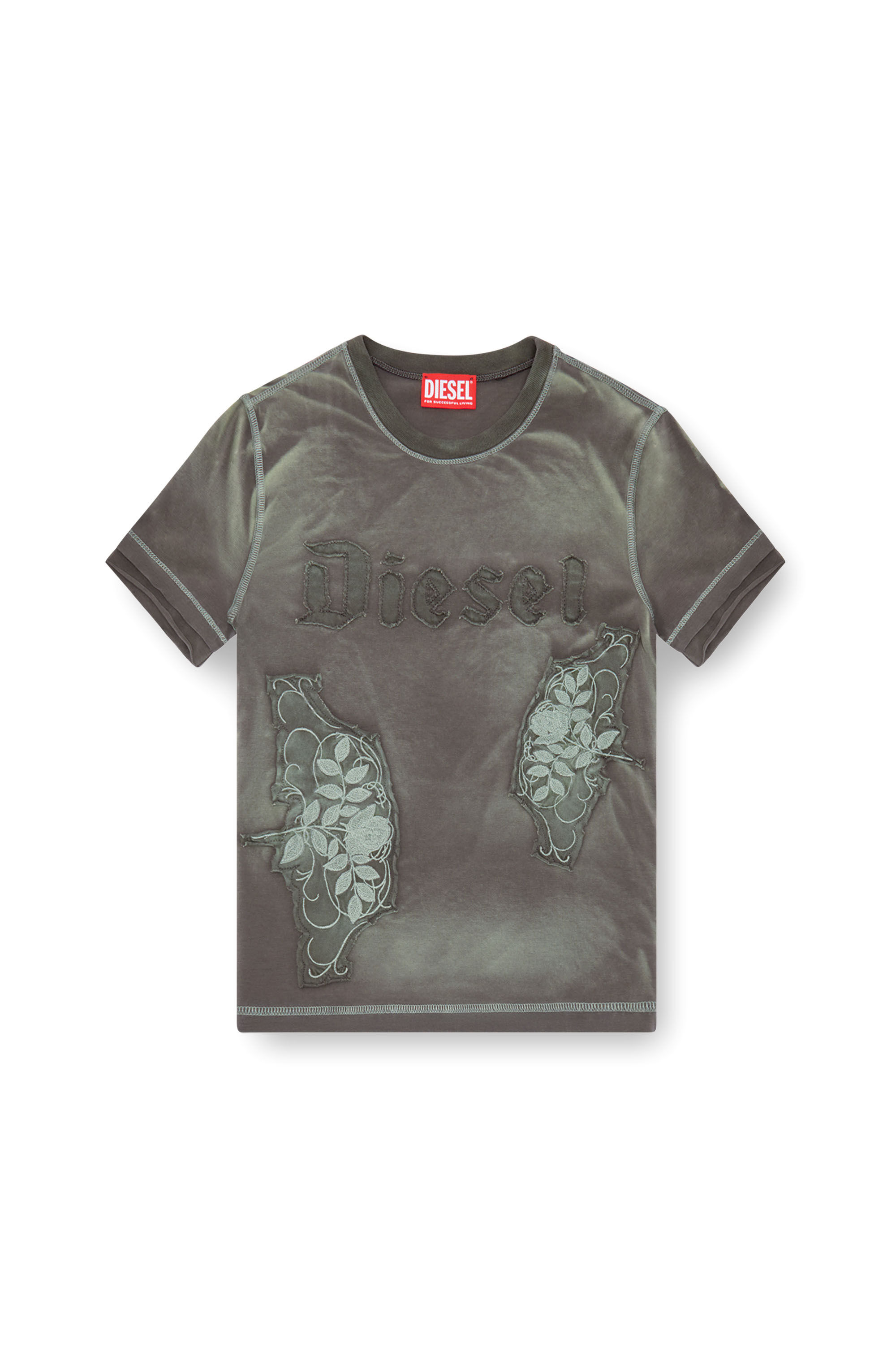 Diesel - T-UNCUT, Femme T-shirt avec empiècements fleuris brodés in Vert - Image 2
