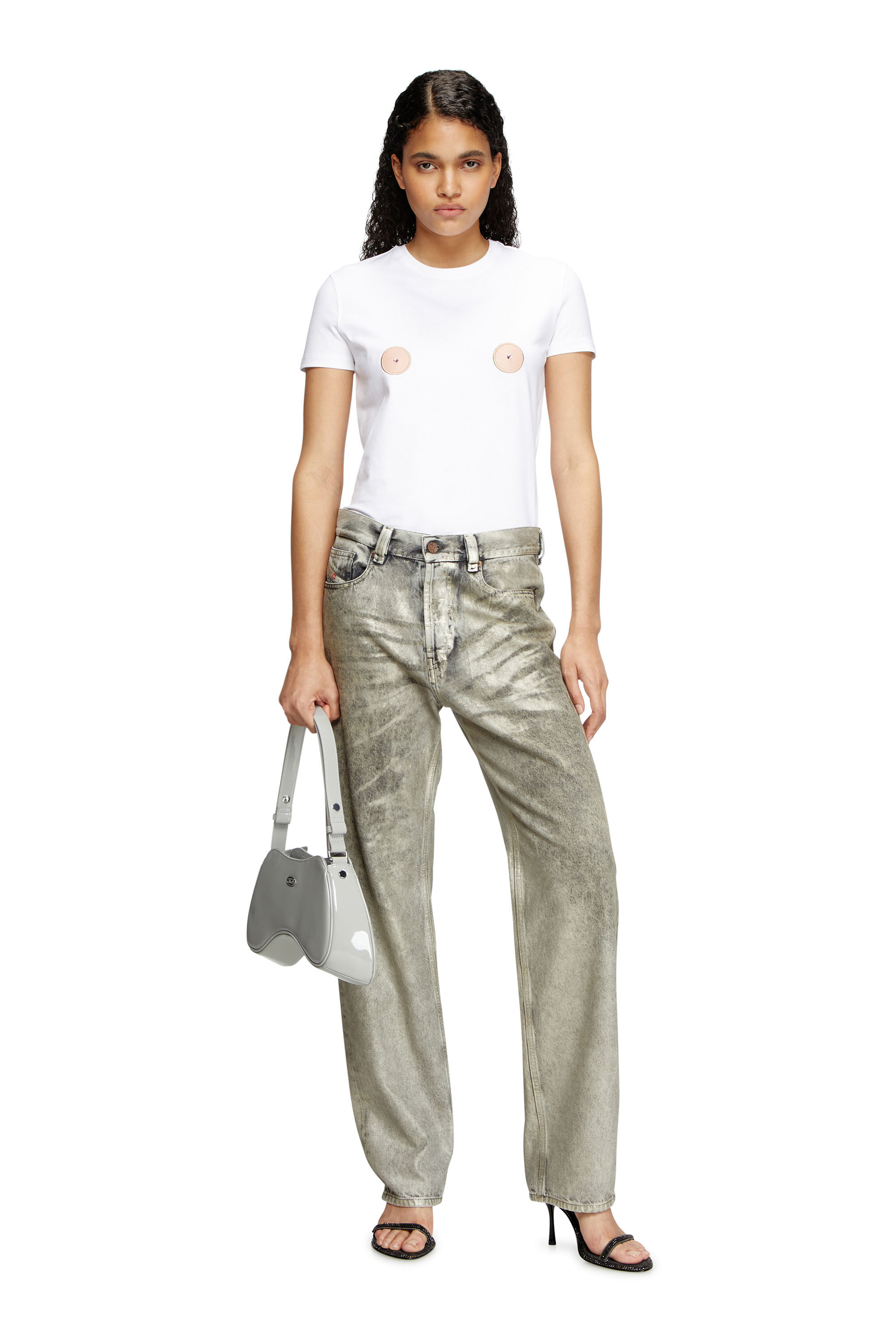 Diesel - T-SLAX-Q1, Damen T-Shirt mit Patches in Brustwarzen-Optik in Weiß - 1