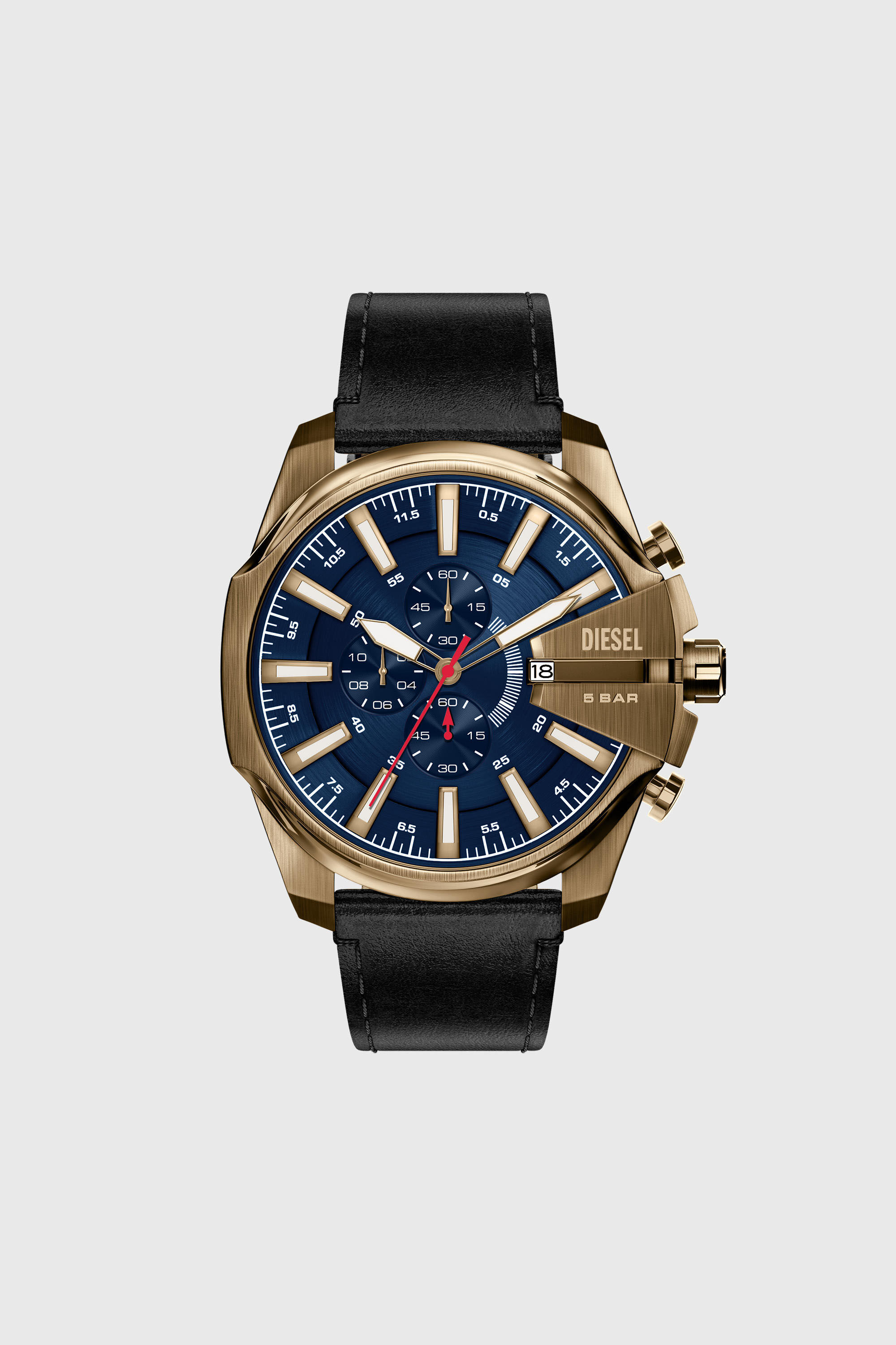 Diesel - DZ4732 WATCH, Herren Mega Chief Slim Uhr mit schwarzem Lederarmband in Altgoldoptik in Schwarz - 1