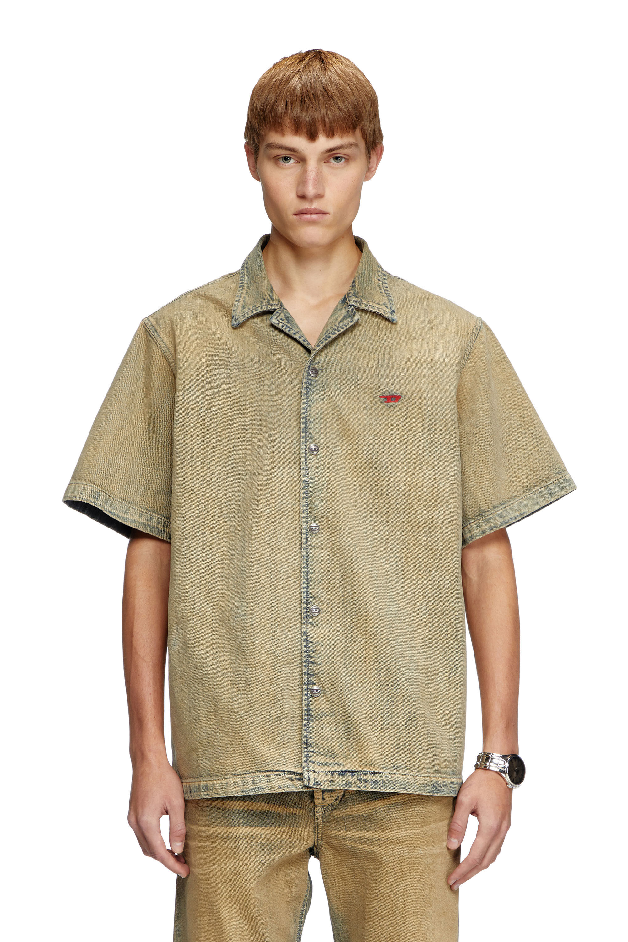 Diesel - D-NABIL-D, Herren Bowling-Shirt aus Goldbrush-Denim in Beige - 3