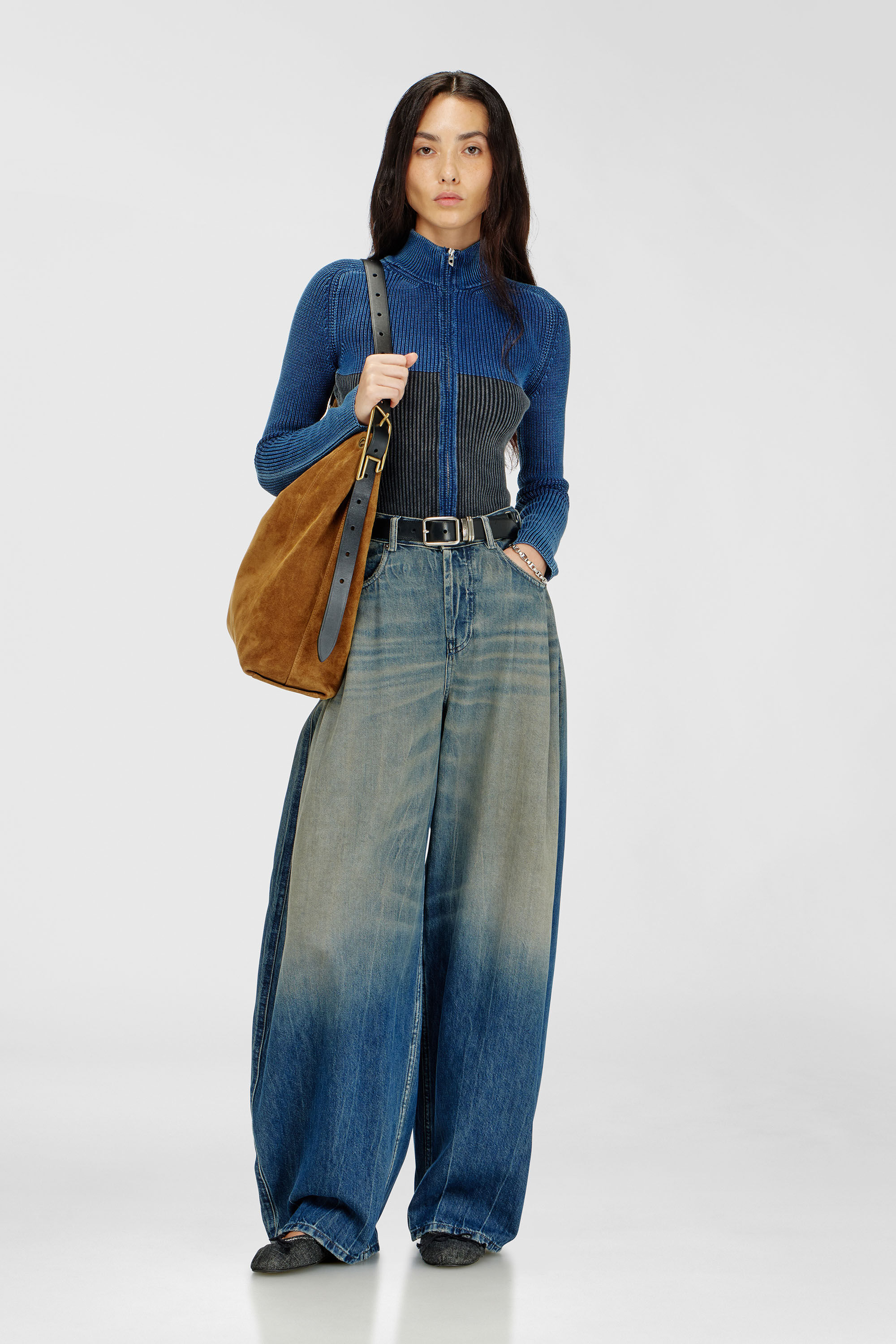 Diesel - D-LINE HOBO L, Damen D-Line Hobo-Tasche aus gewachstem Veloursleder in Hellbraun - 1