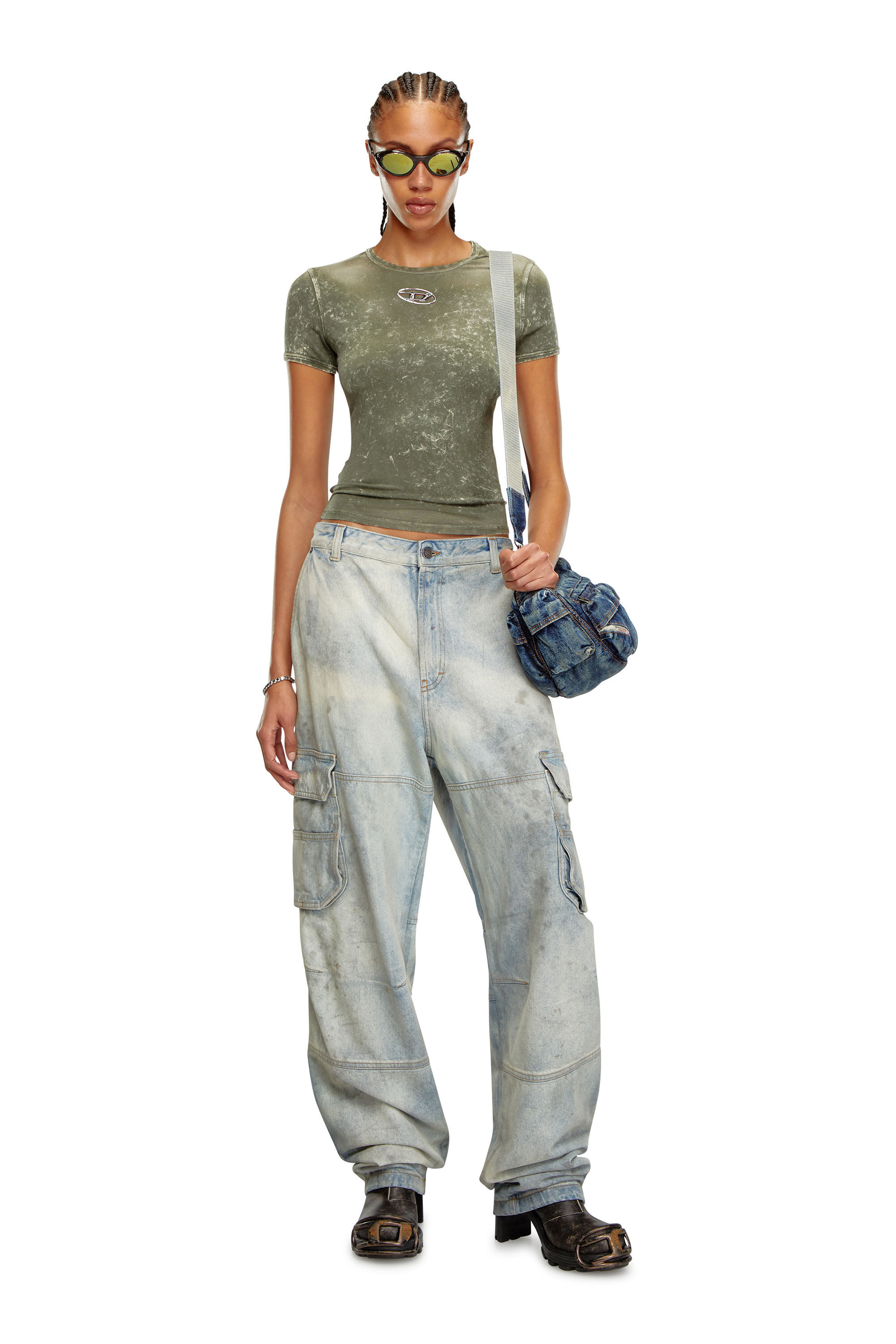 Diesel - T-UNCUTIES-P1, Donna T-shirt marmorizzata in jersey stretch in Verde - Image 1
