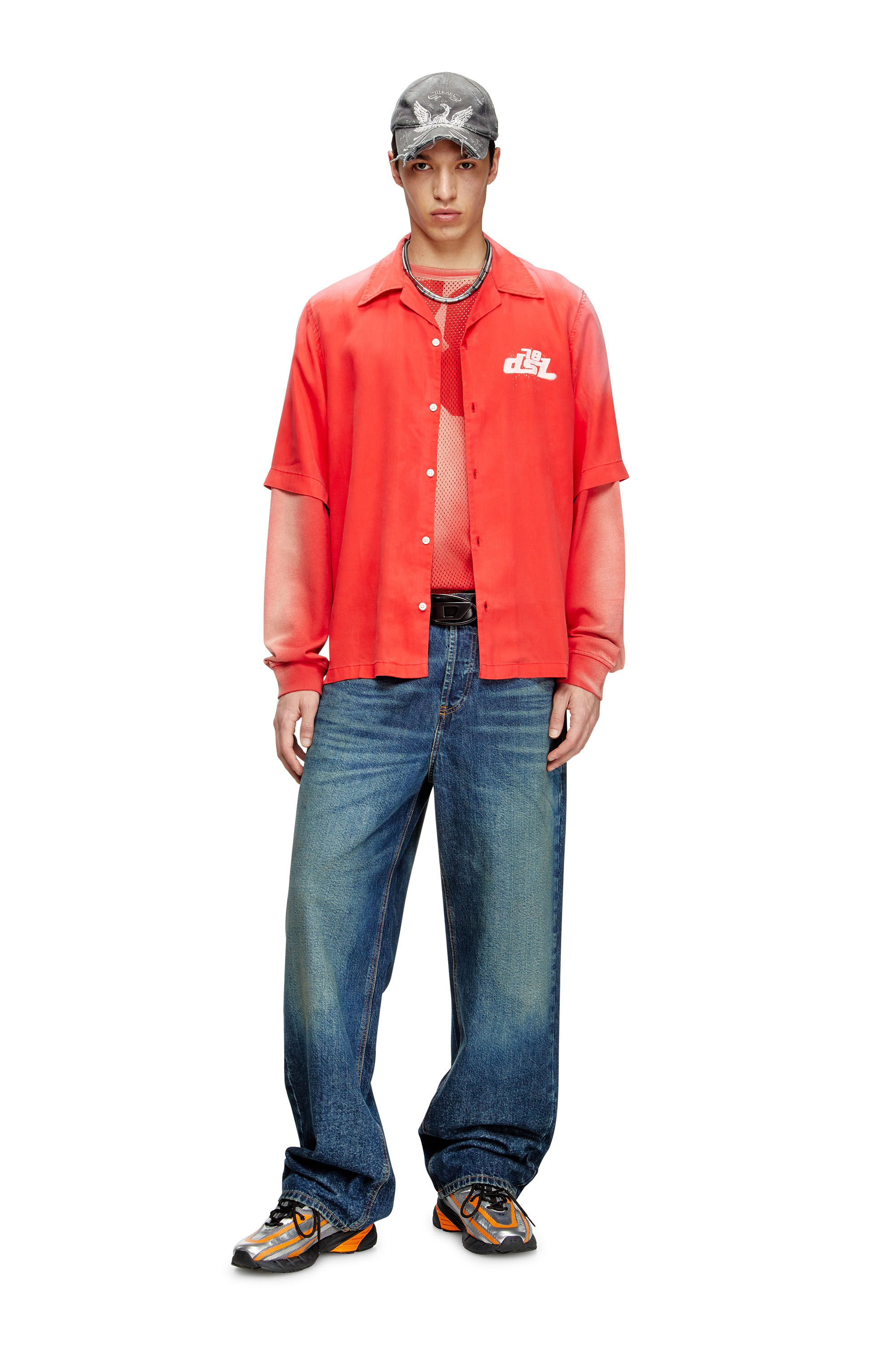 Diesel - S-ELLY, Herren Verblasstes Bowling-Hemd mit Logo-Prints in Rot - 1
