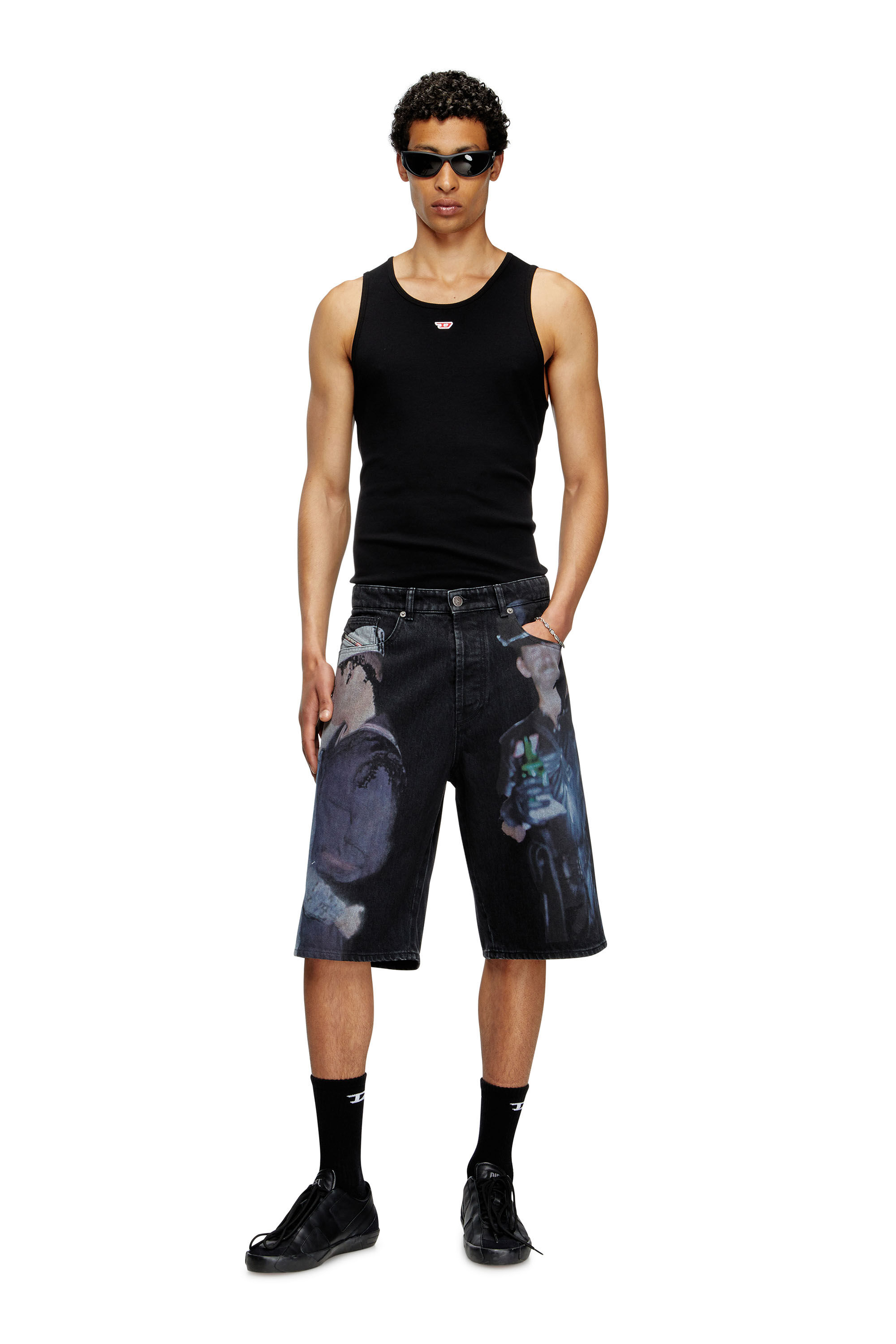 Diesel - PR-D-RIXFORD-S, Unisex Denim-Shorts mit mehrfarbigem Print in Schwarz - 1