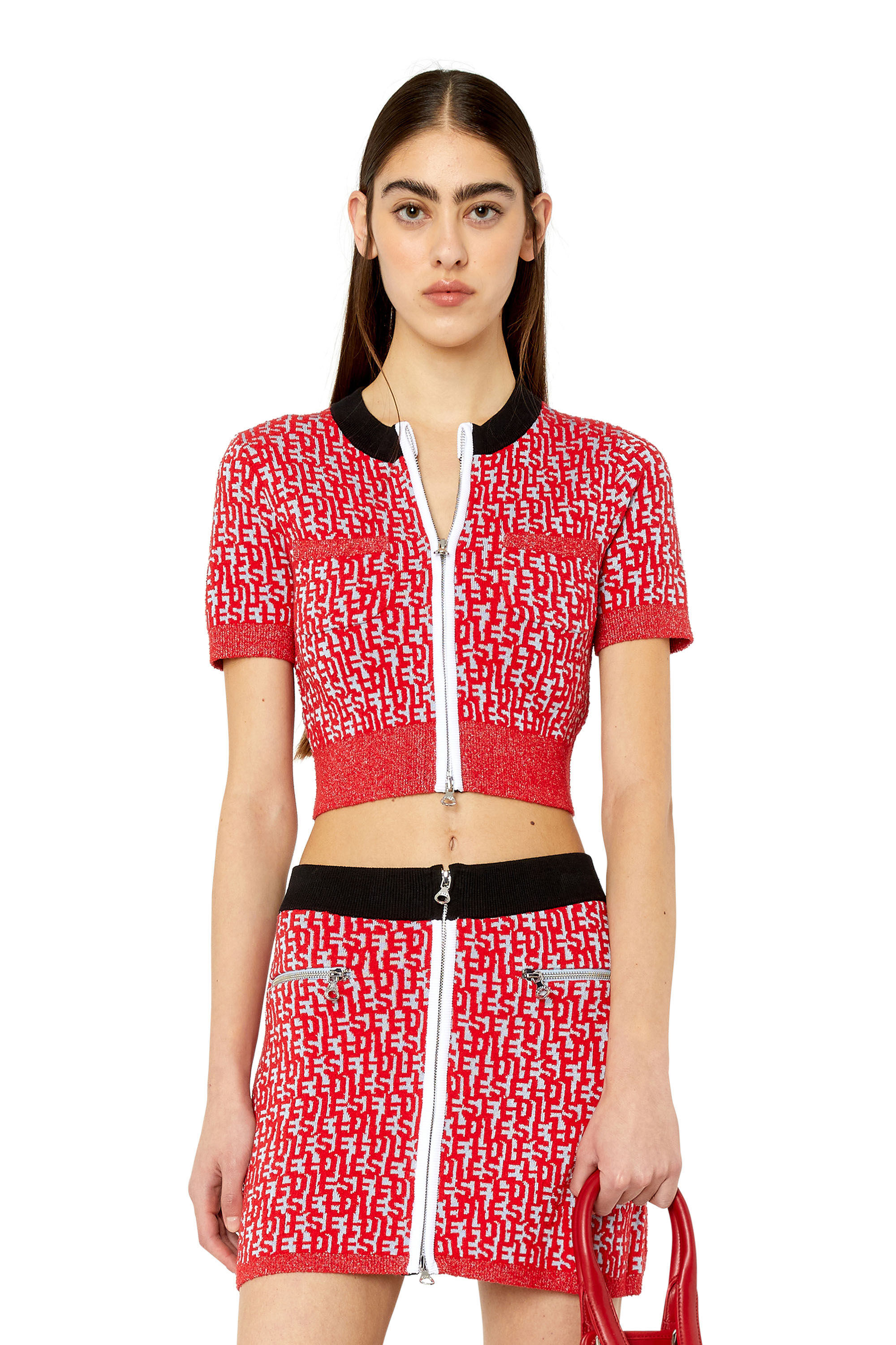 Diesel - M-ATHILDE, Mini cardigan con motivo monogram in maglia bouclé Donna in Multicolor - 3