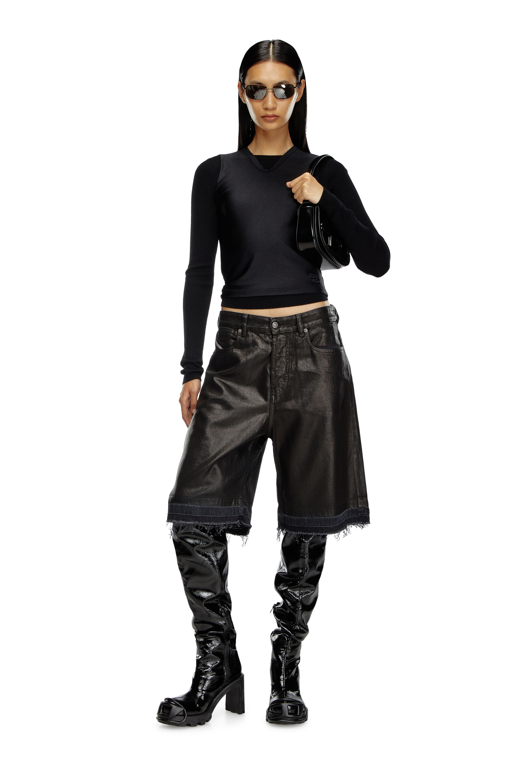 Diesel - DE-SIRE-SHORT, Short in denim sartoriale coated Donna in Nero - 1