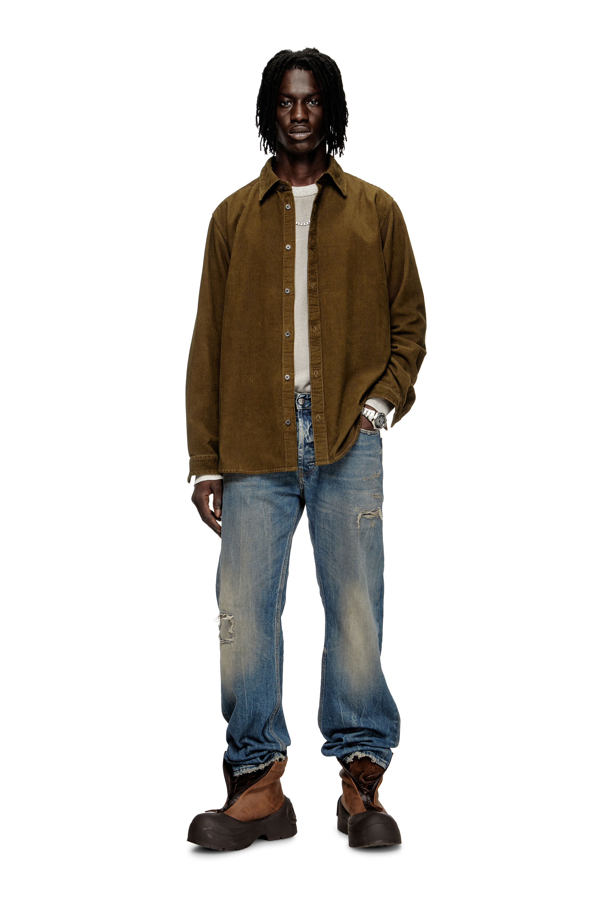 Diesel - S-SIMPLY-AJFQ, Camicia in cotone con ricamo sul colletto Uomo in Verde - 1
