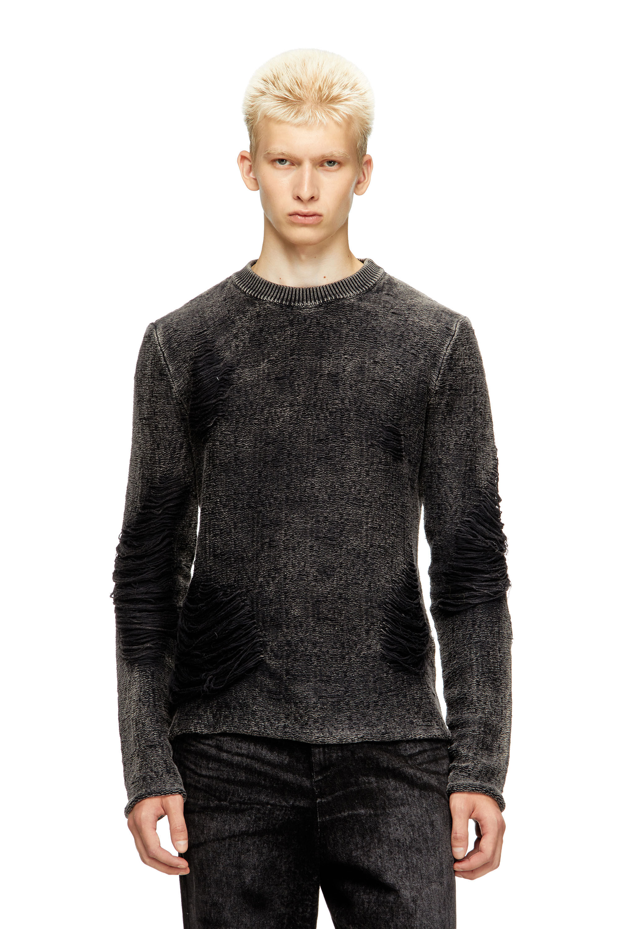 Diesel - K-FJORDI-ROUND, Herren Destroyed-Pullover mit schwebenden Garnen in Schwarz - 3