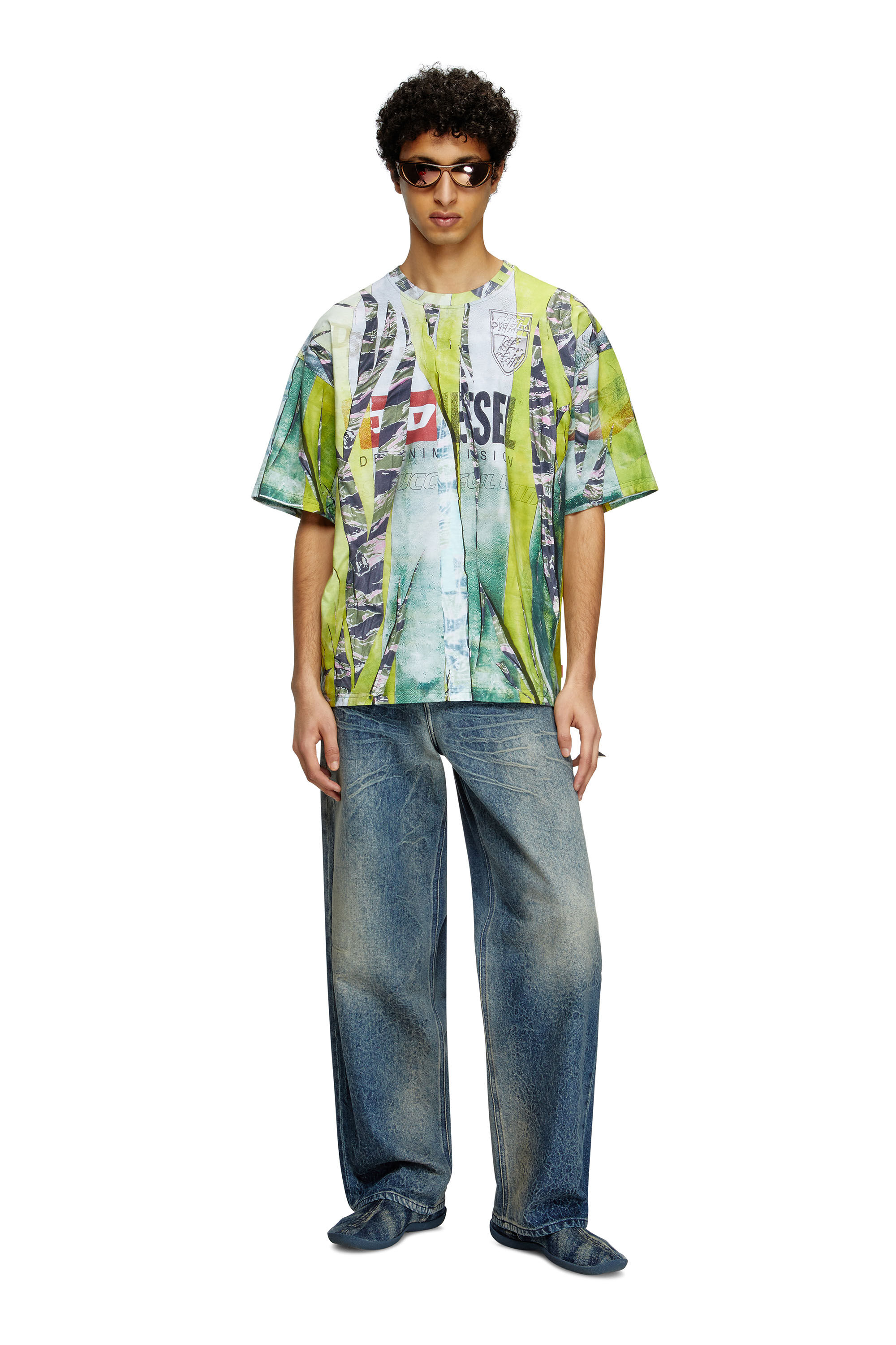 Diesel - T-BOXT-R13, Herren T-Shirt mit gerissenem Trompe l'œil-Print in Grün/Gelb - 1