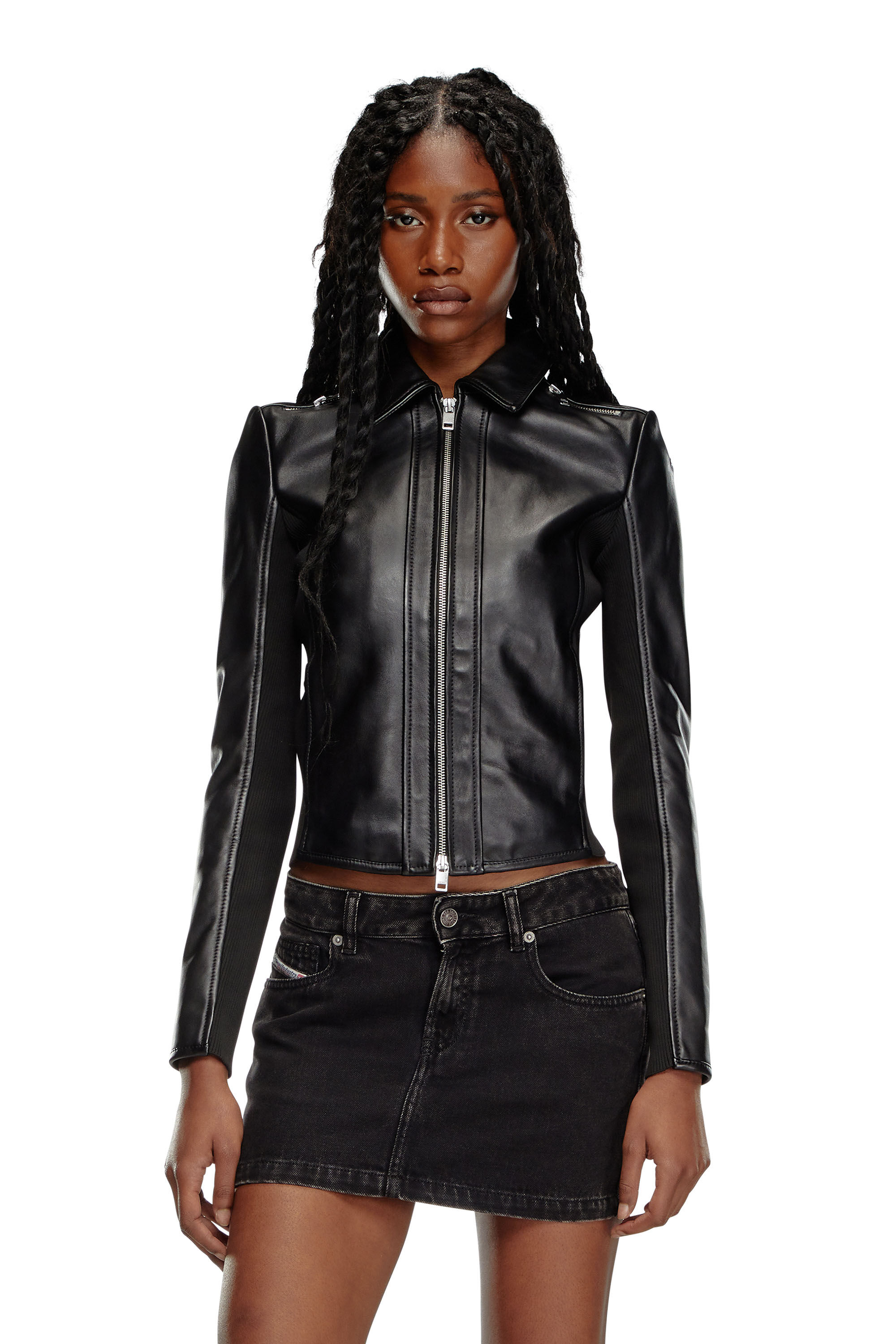 Diesel - L-SASK, Woman Leather biker jacket with rib panels in Black - Image 3