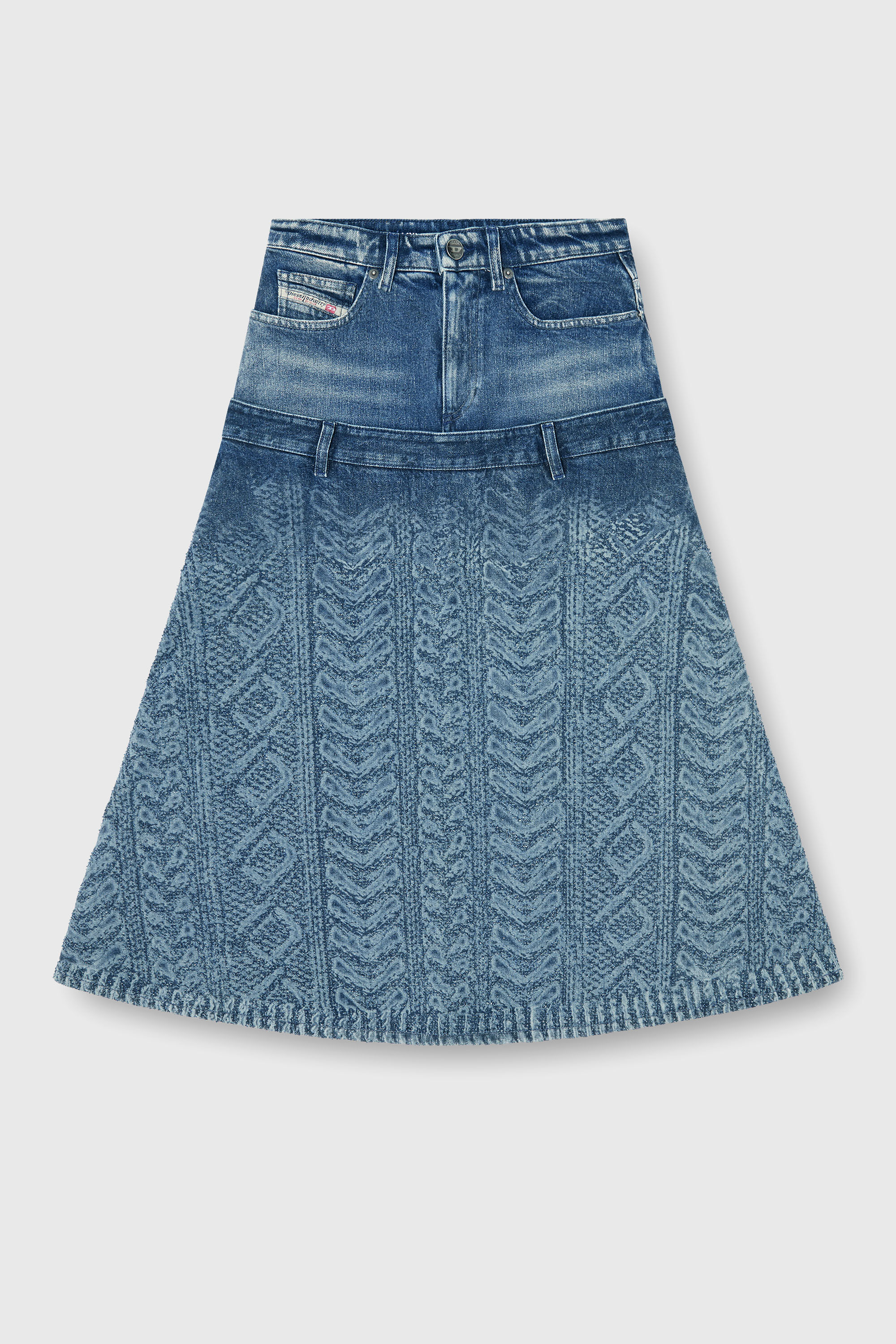 Diesel - DE-VORYA-S1, Damen Midi-Rock aus Denim mit Zopfmuster-Effekt in Mittelblau - 2