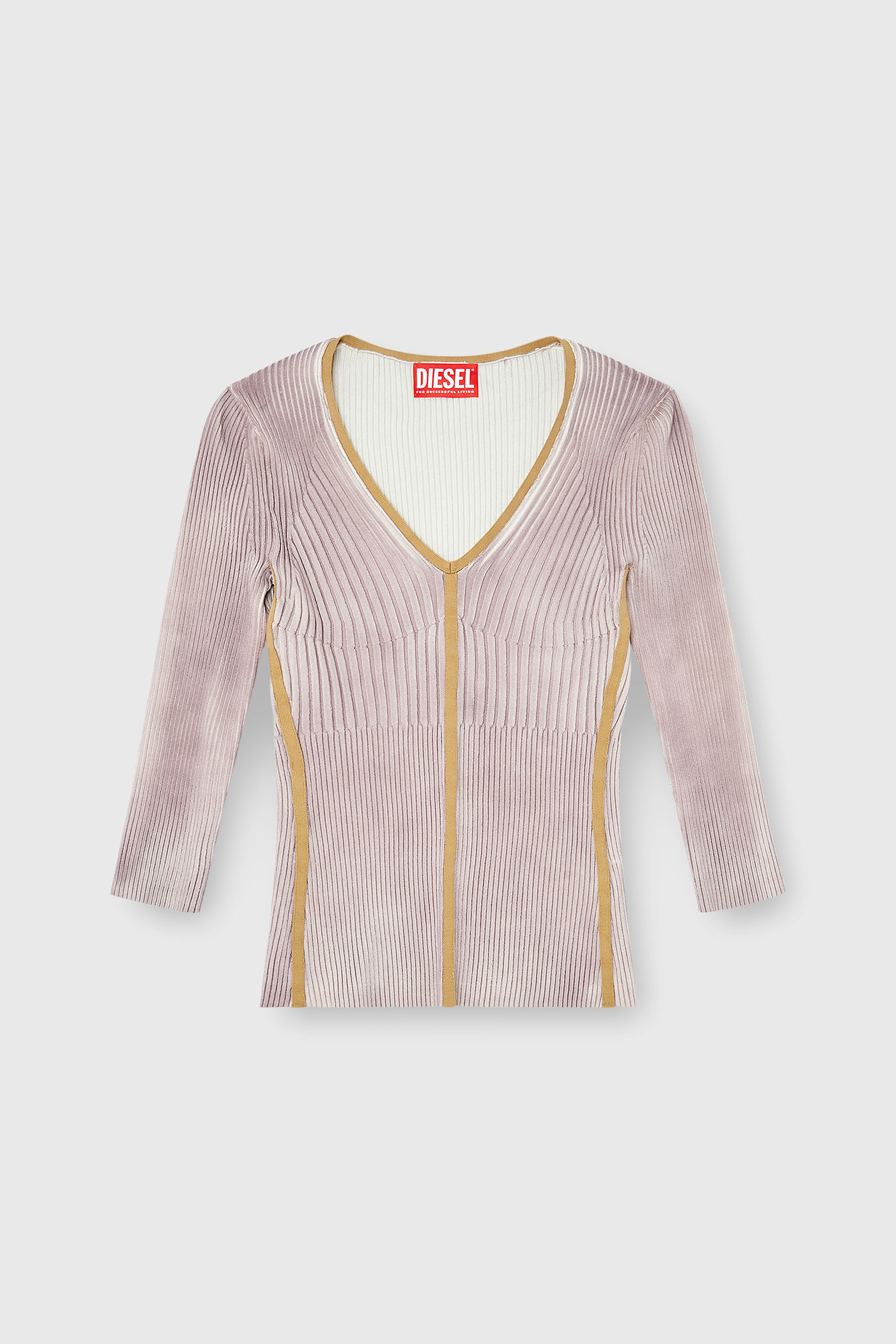 Diesel - M-SARMANI, Damen Gerippter V-Ausschnitt-Pullover mit kontrastierenden Streifen in Lila - 2