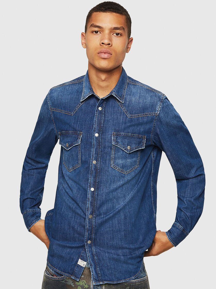 D East P Men Western Shirt In Distressed Denim Diesel