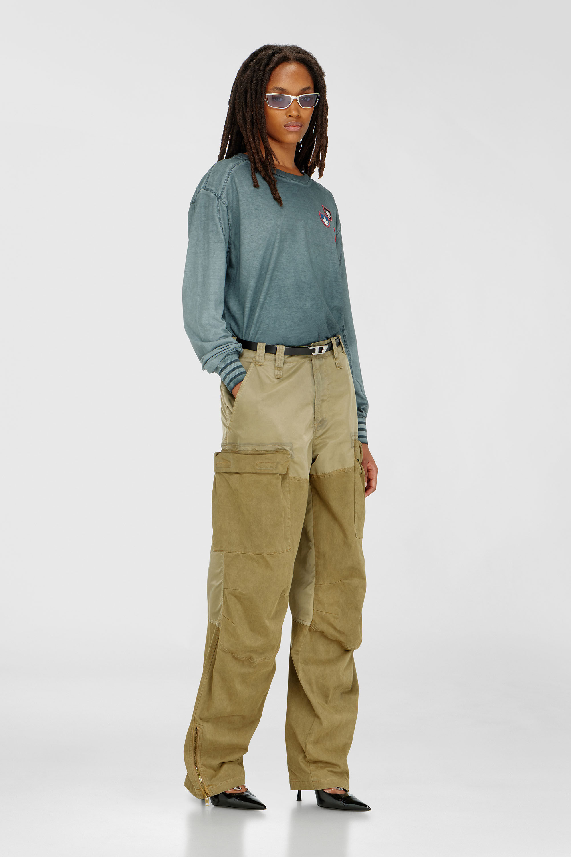 Diesel - T-BAWYE-LS, T-shirt con patch e inserti microwaffle Donna in Verde - 1