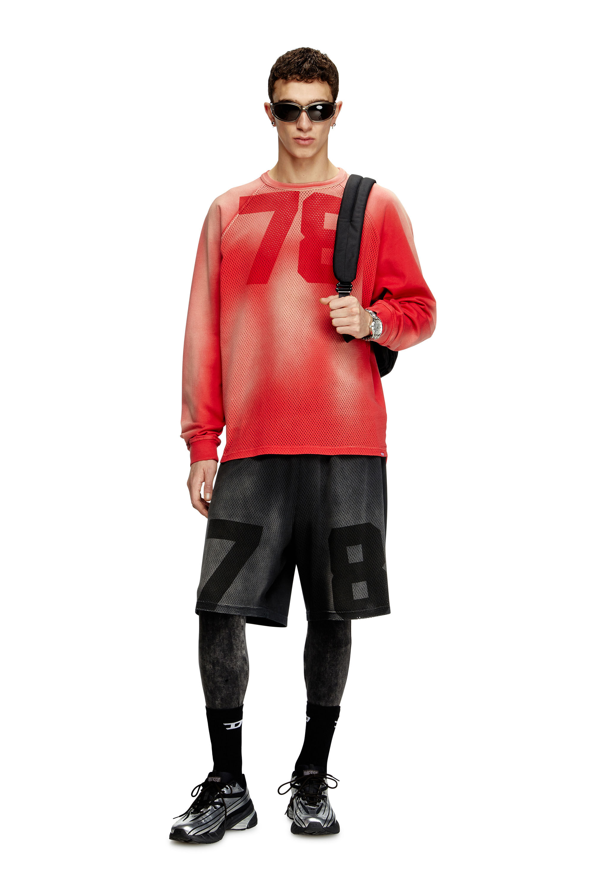Diesel - T-ROXTER-LS-MESH, Herren Verblasstes Langarm-T-Shirt mit Front aus Mesh in Rot - 1