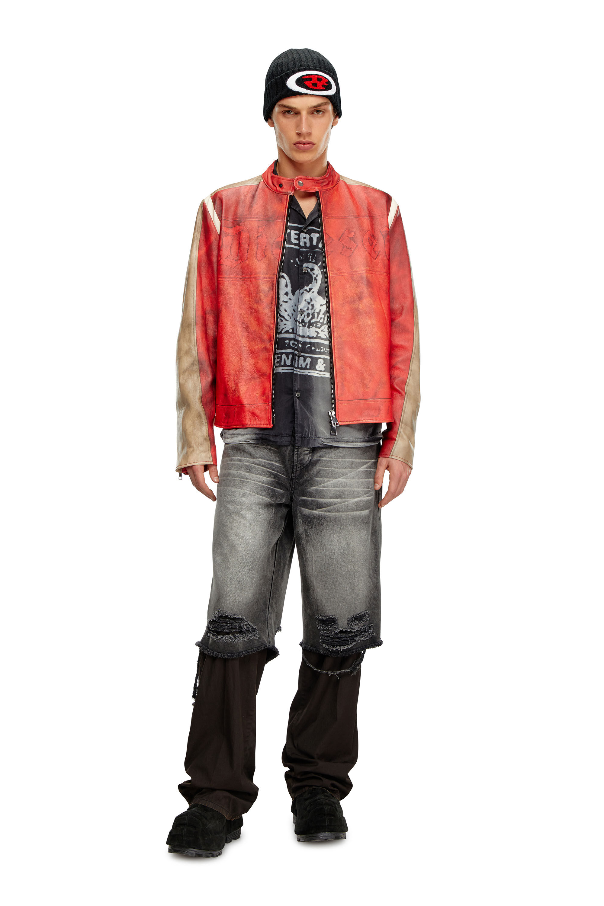 Diesel - L-RUSCHA, Uomo Giacca biker in pelle effetto dirty in Rosso - Image 1