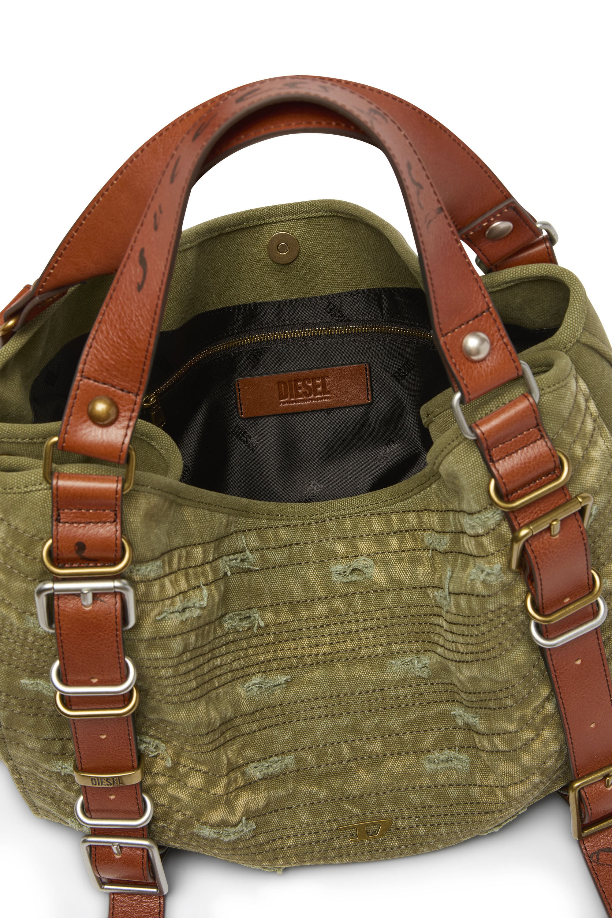Diesel - D-ONE TOPHANDLE M, Unisex D-One-Medium Henkeltasche aus Canvas in Used-Optik in Armeegr&uuml;n - 4