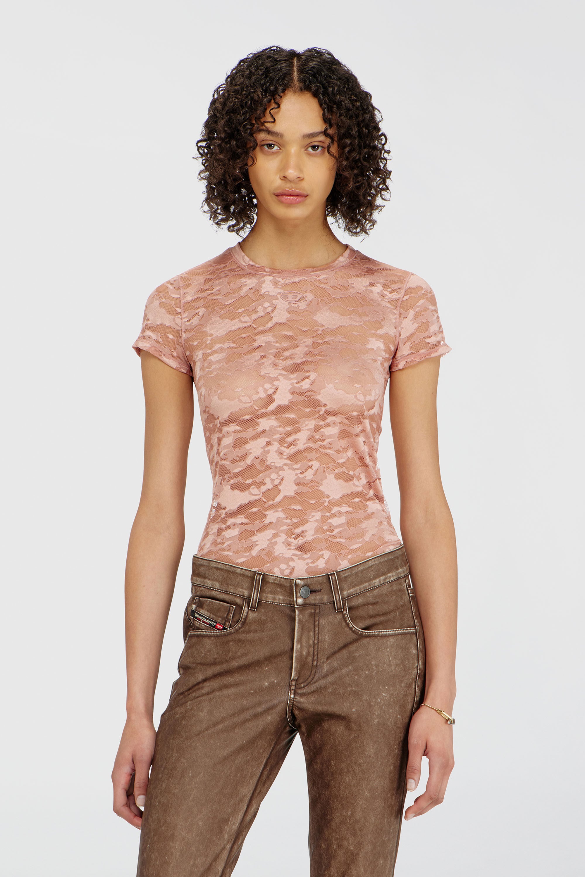 Diesel - KASIA-UTLT, Damen T-Shirt mit Camouflage-Spitze in Fleischfarben - 5