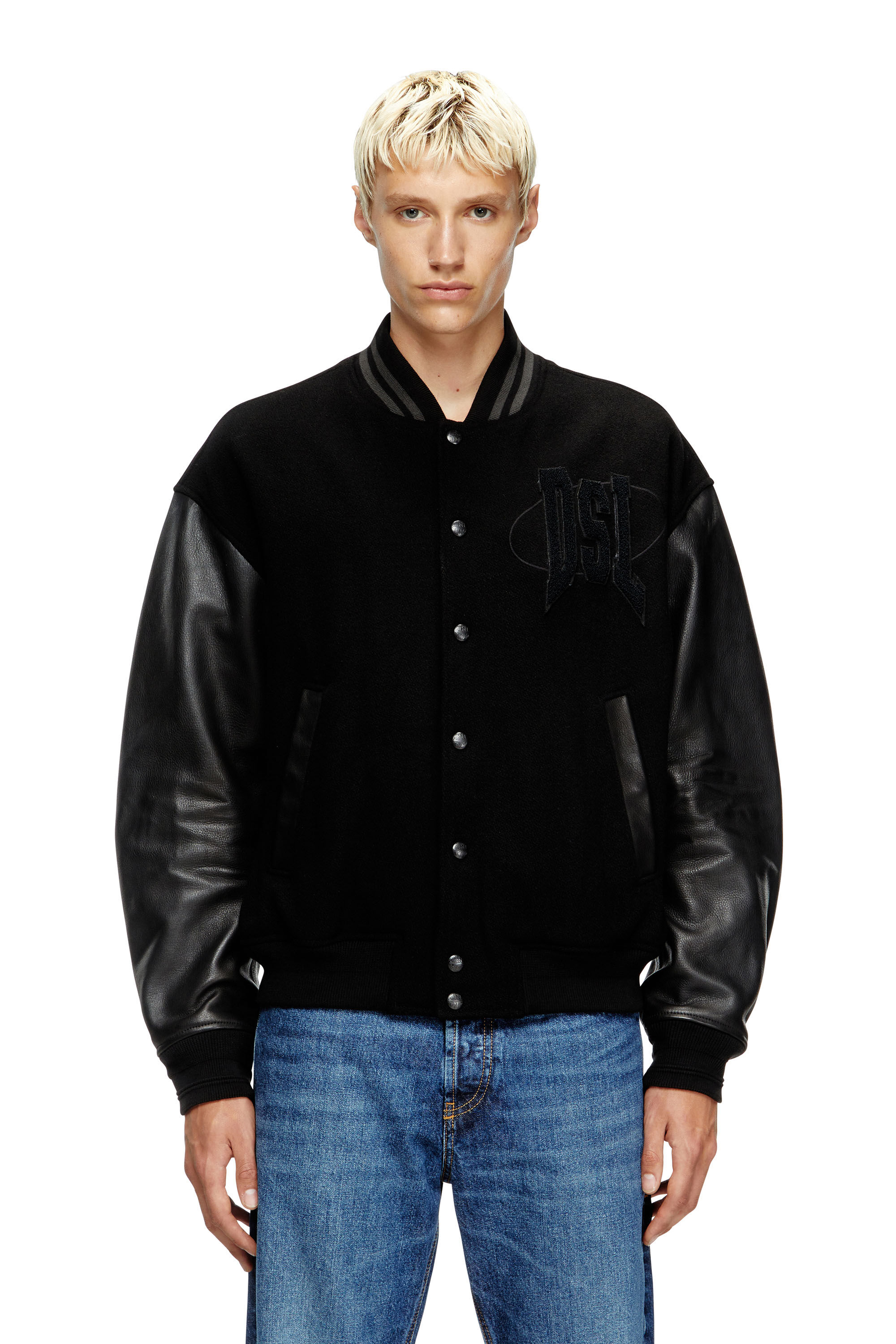 Diesel - L-NYMAN, Bomber varsity in cotone e pelle Uomo in Nero - 3