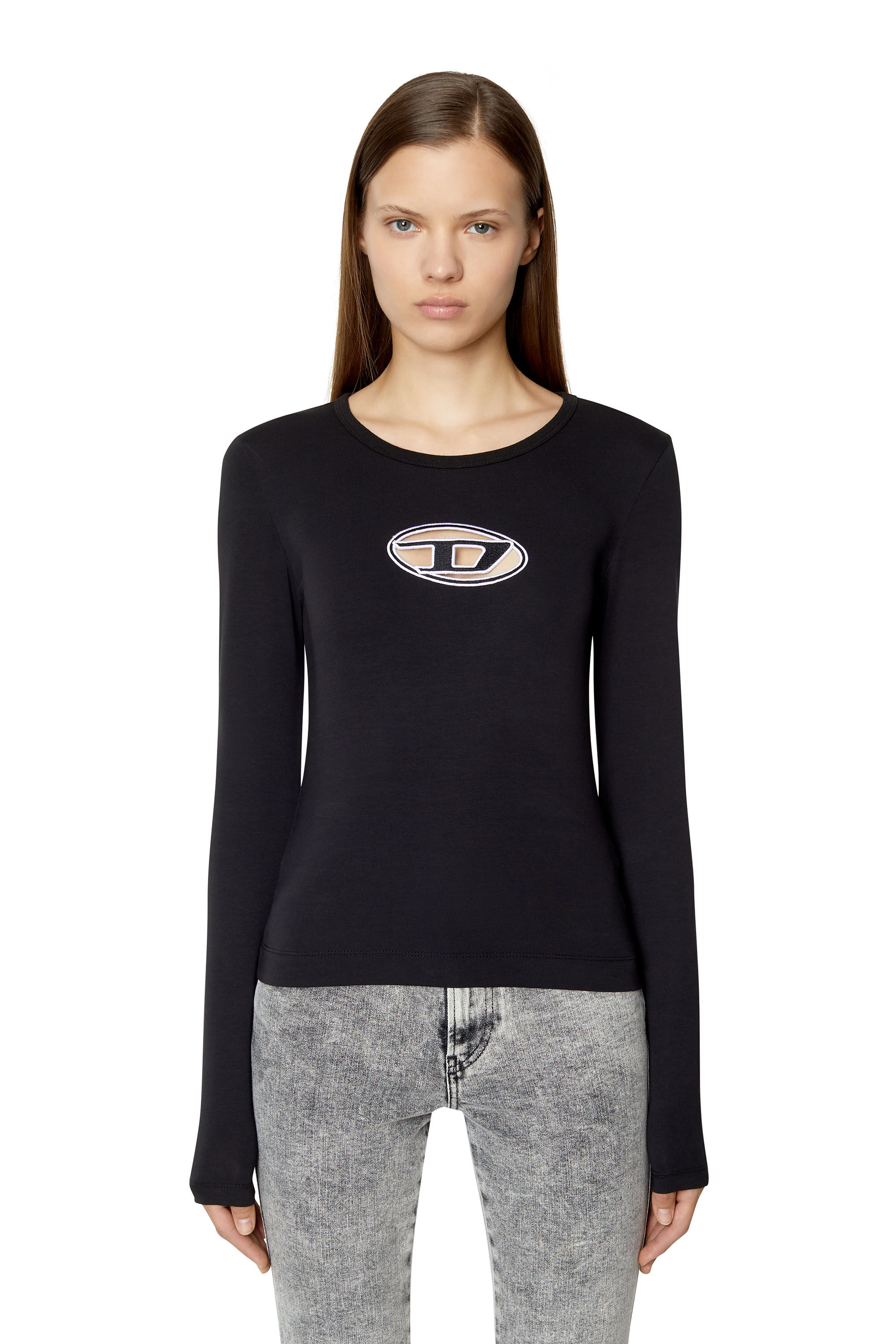 Diesel - T-ANGIE-LS, T-shirt a maniche lunghe con logo cut-out Donna in Nero - 3