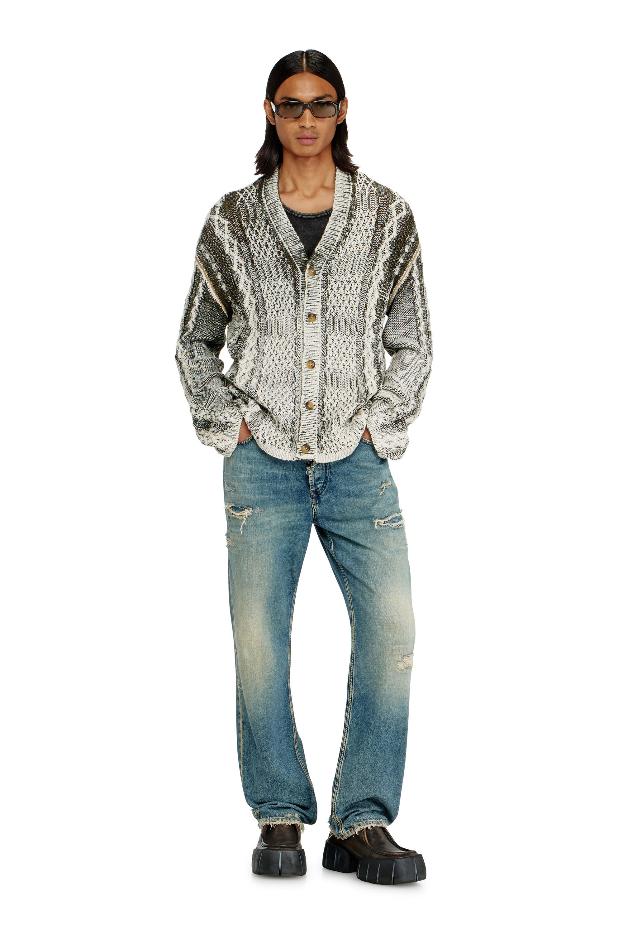 Diesel - K-MIOTO, Herren Behandelter Cardigan aus Zopfmusterstrick in Weiss/Grau - 1