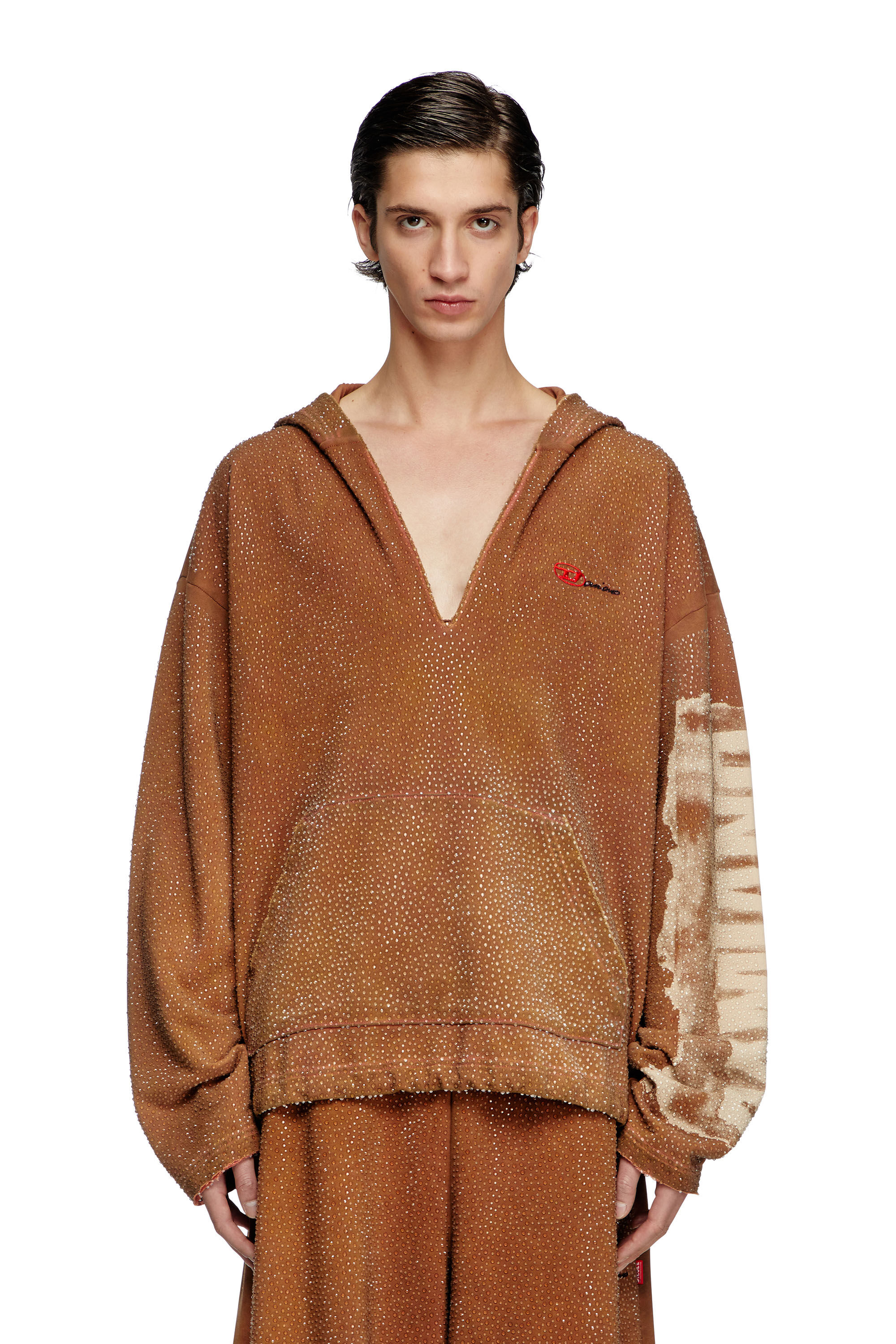 Diesel - S-BOXT-HOOD-LUX-DD, Sweat-shirt à capuche avec décolleté V traité et cristaux Mixte in Marron - 3