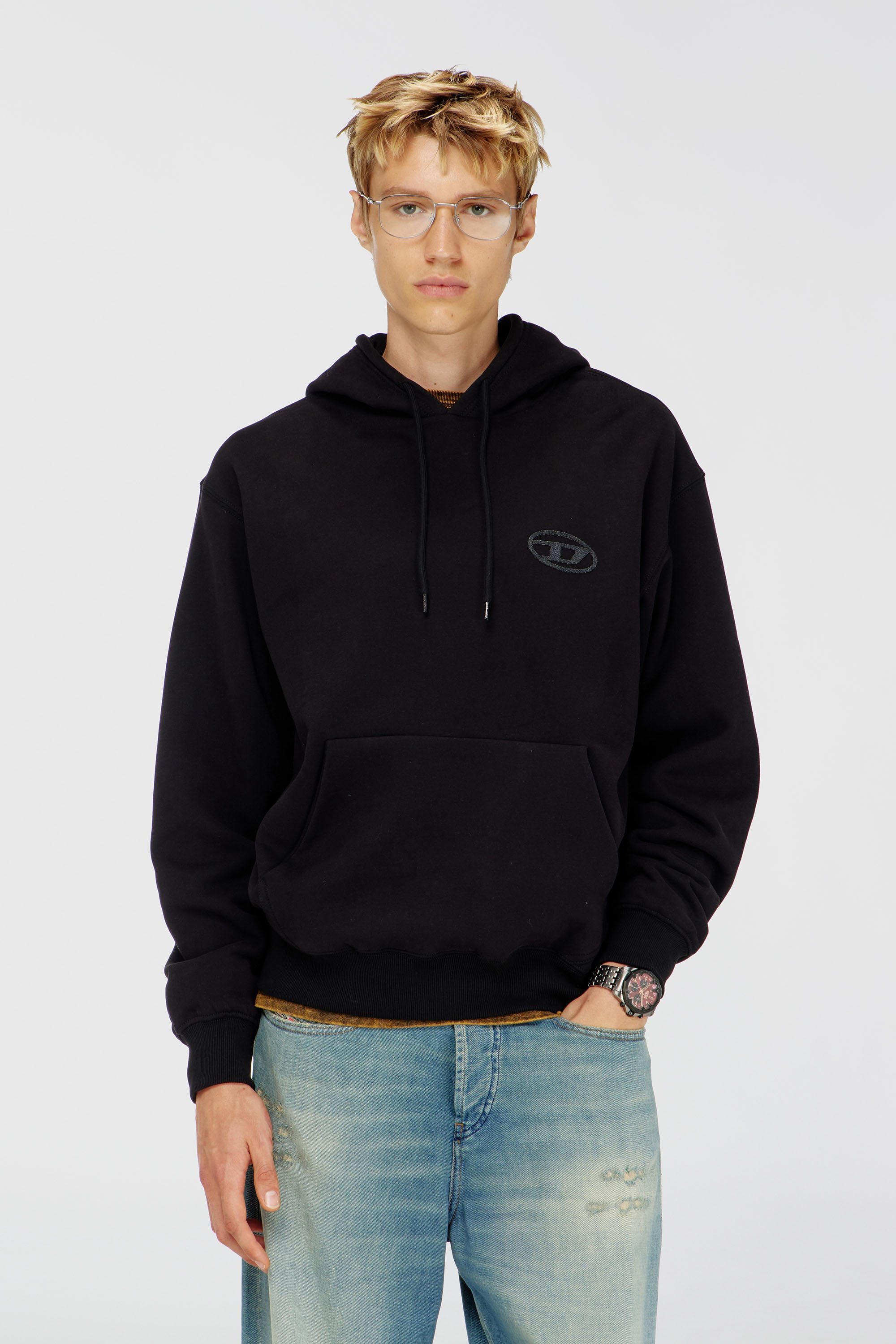 Diesel - S-LUK-H-T92, Felpa con cappuccio in cotone con ricamo Oval D tono su tono Uomo in Nero - 3