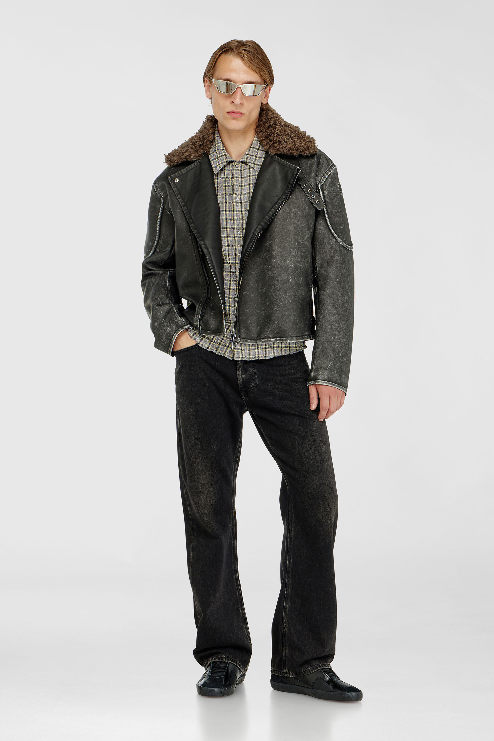 Diesel - W-ALEX, Herren Biker jacket mit abnehmbarem Kragen in Dunkelgrau - 1