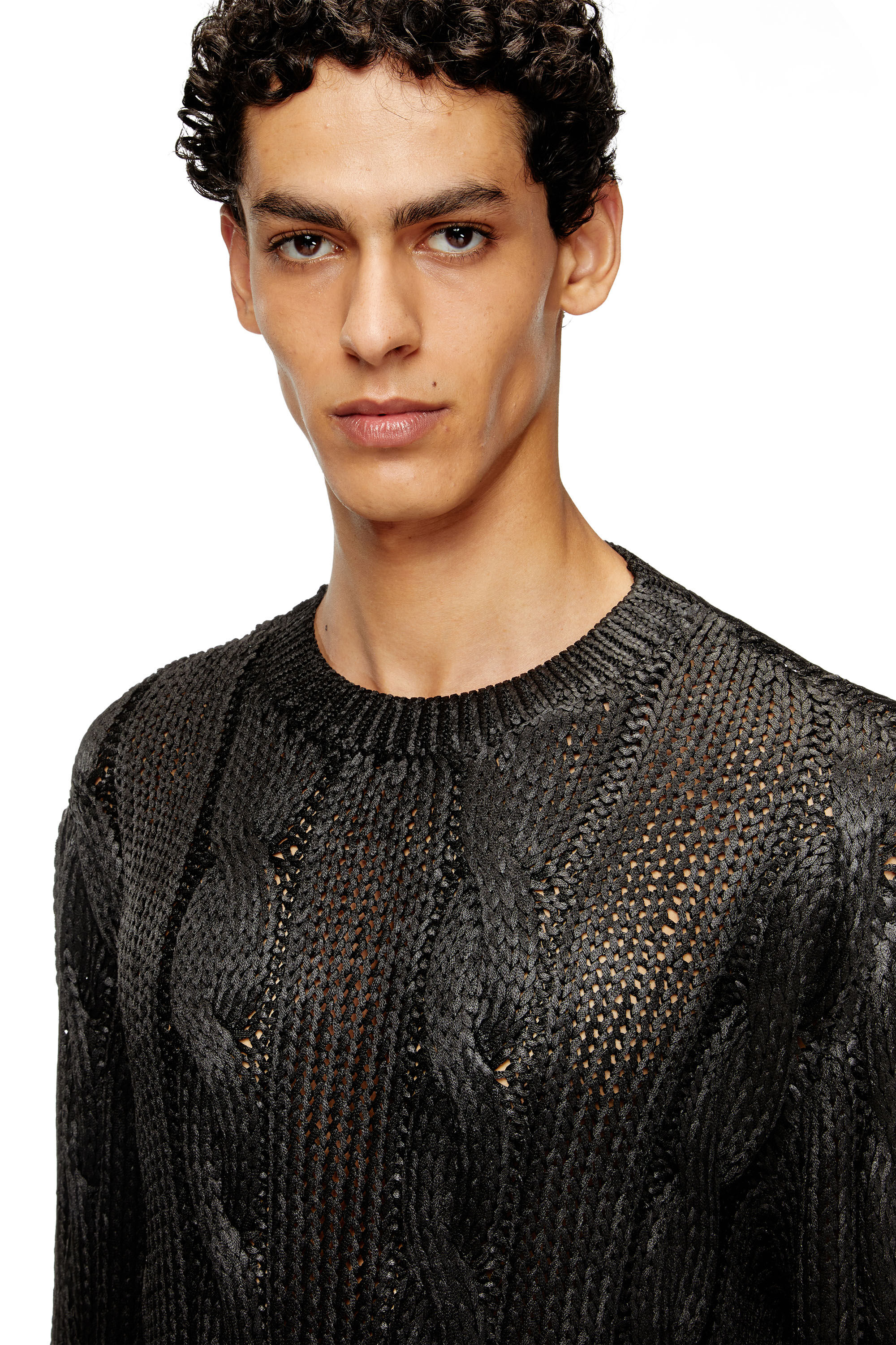 Diesel - K-MICHIU, Herren Pullover mit Zopf-Muster und Glanzeffekt in Schwarz - 4