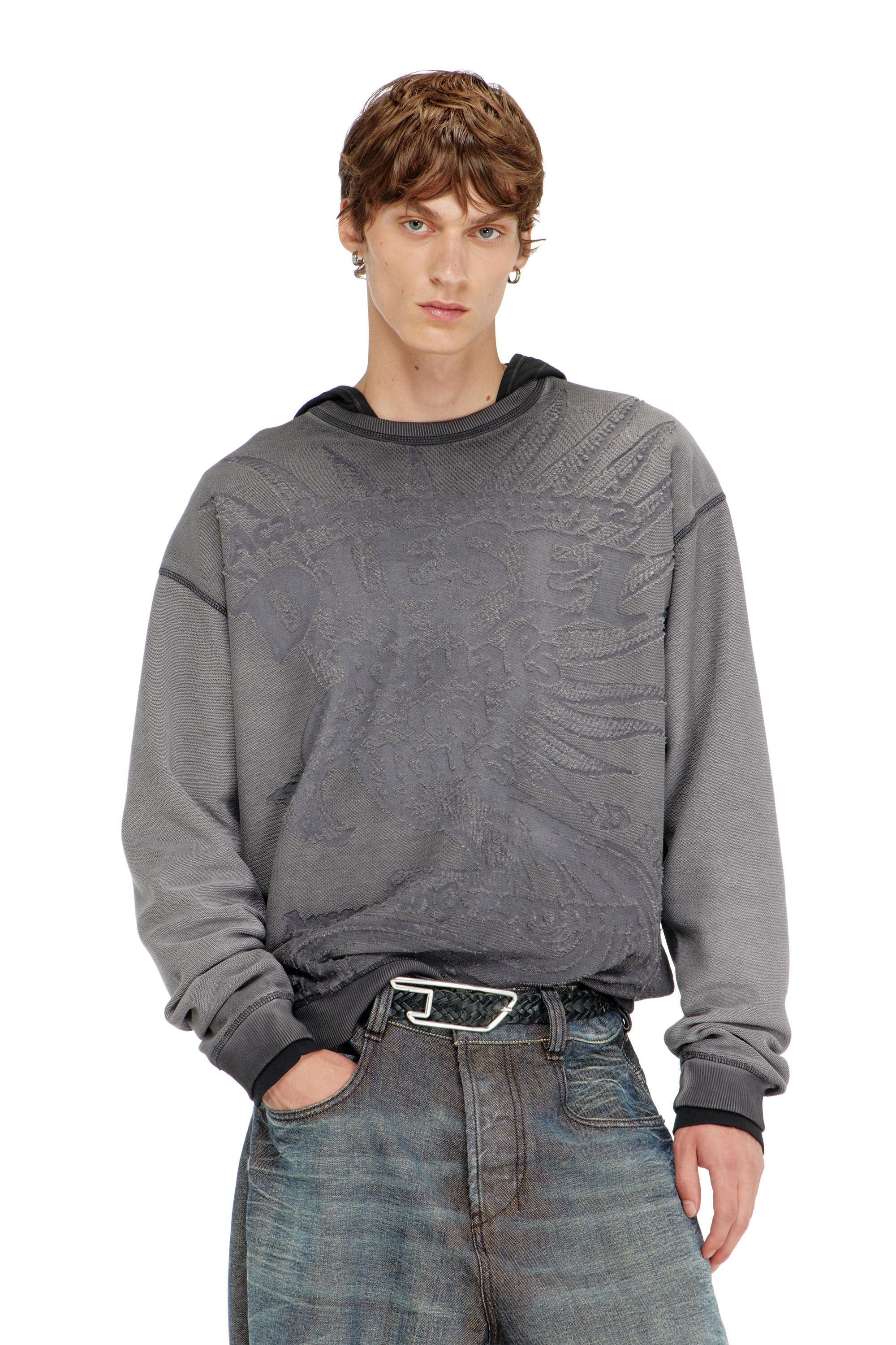 Diesel - S-ARON-RAW, Felpa con stampa d&eacute;vor&eacute; Uomo in Grigio - 3