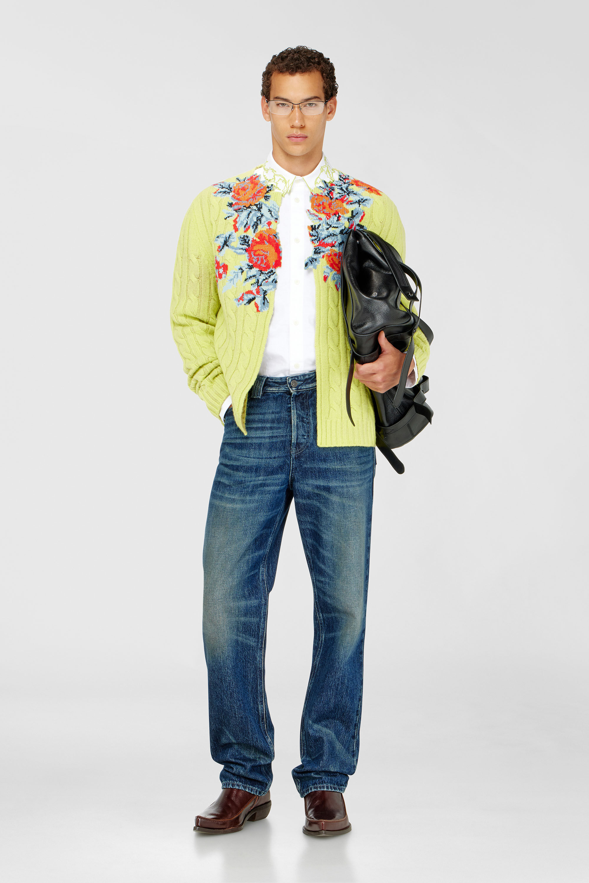 Diesel - K-RINO, Herren Offener Cardigan aus floraler Zopfmusterstrick in Neongelb - 1
